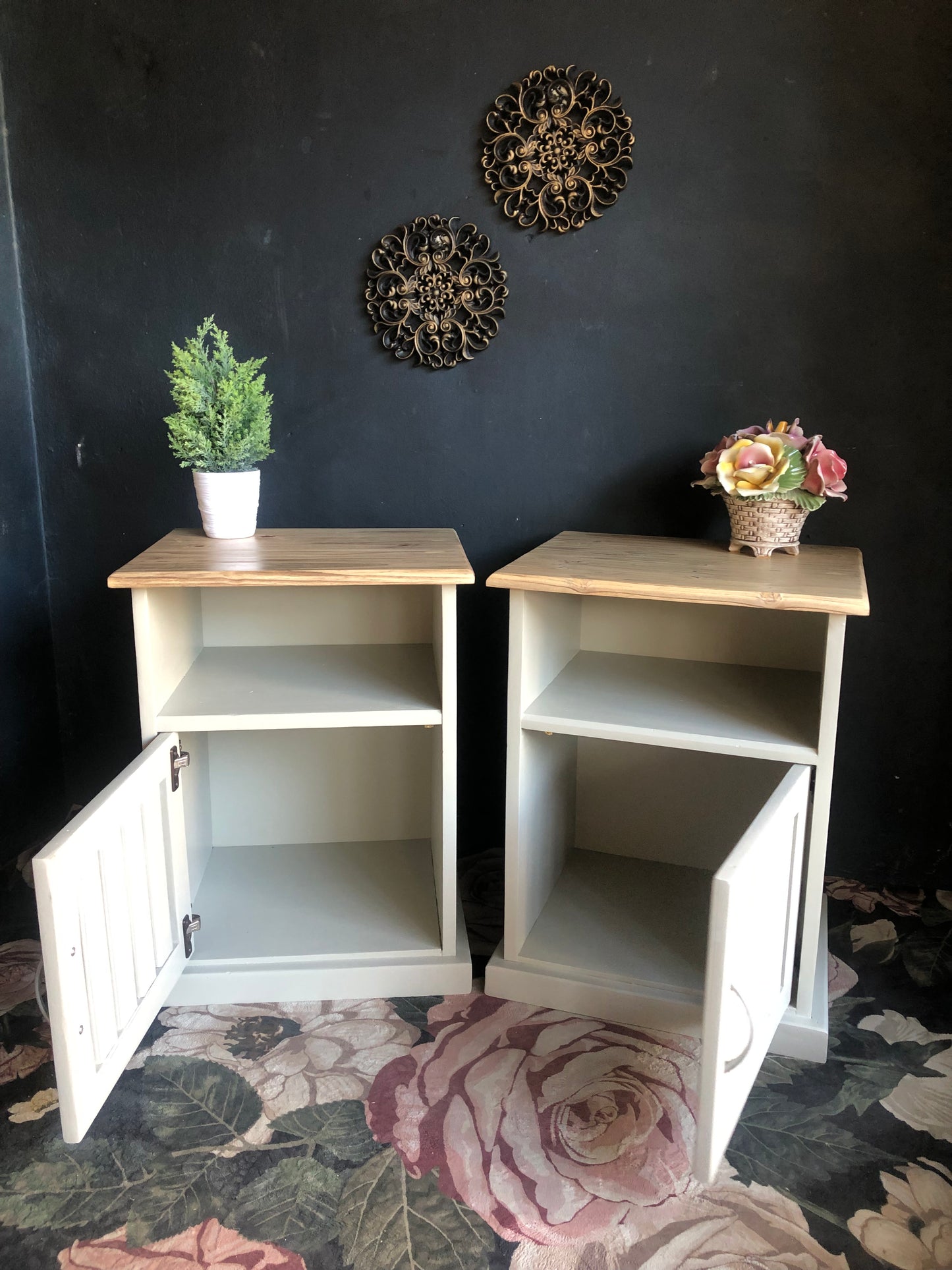 Pair of Bedside Tables with Slatted Door Design
