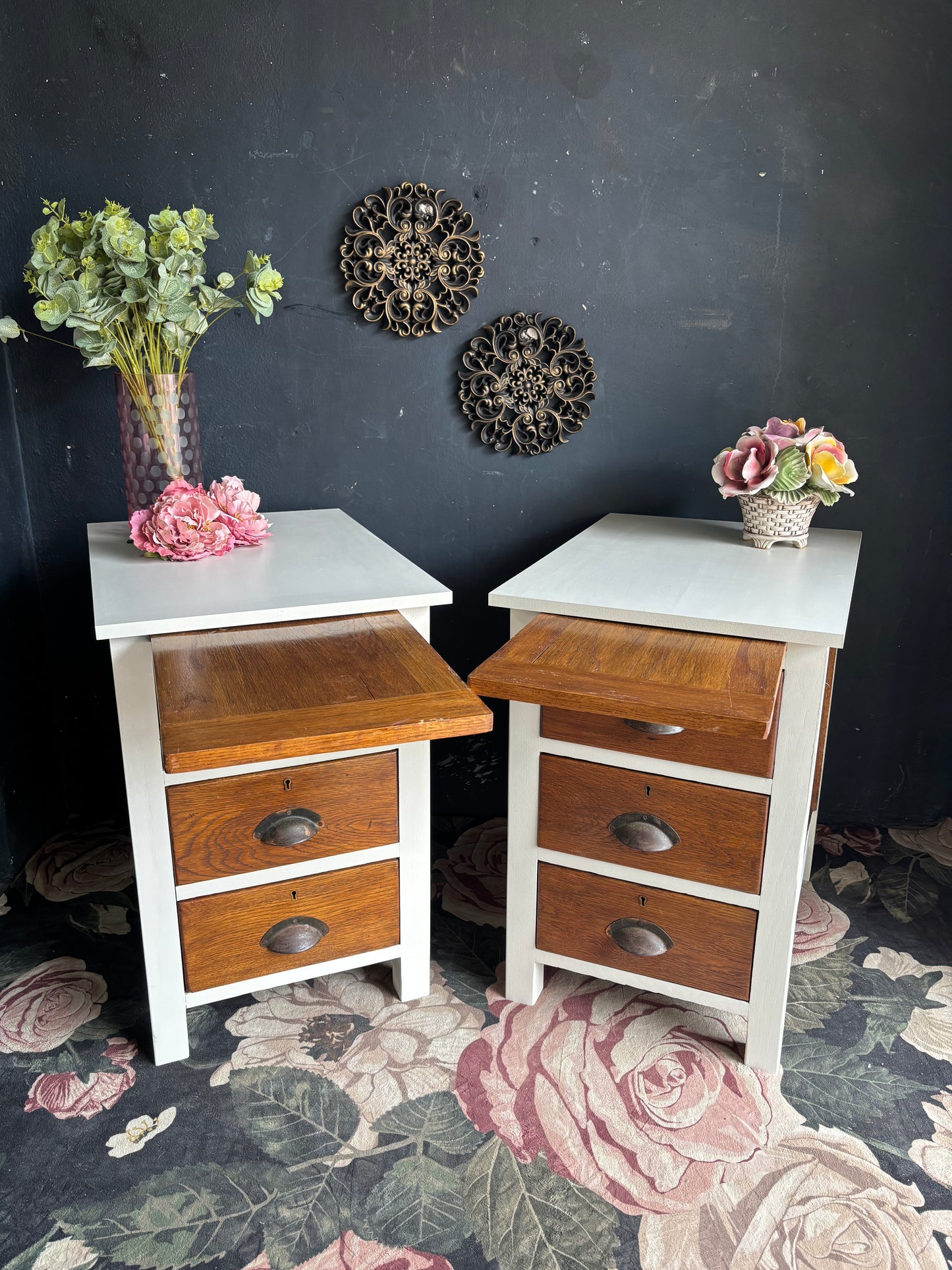 Vintage Oak & Soft White Bedside Tables (Pair)