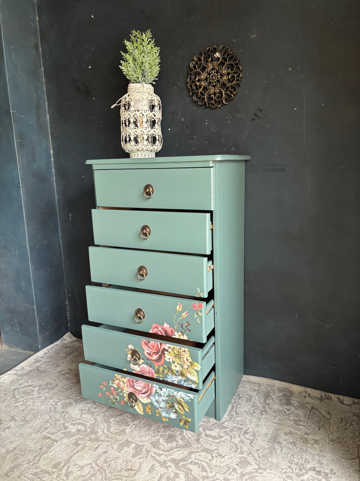 Floral Vibrant Teal Chest of Drawers