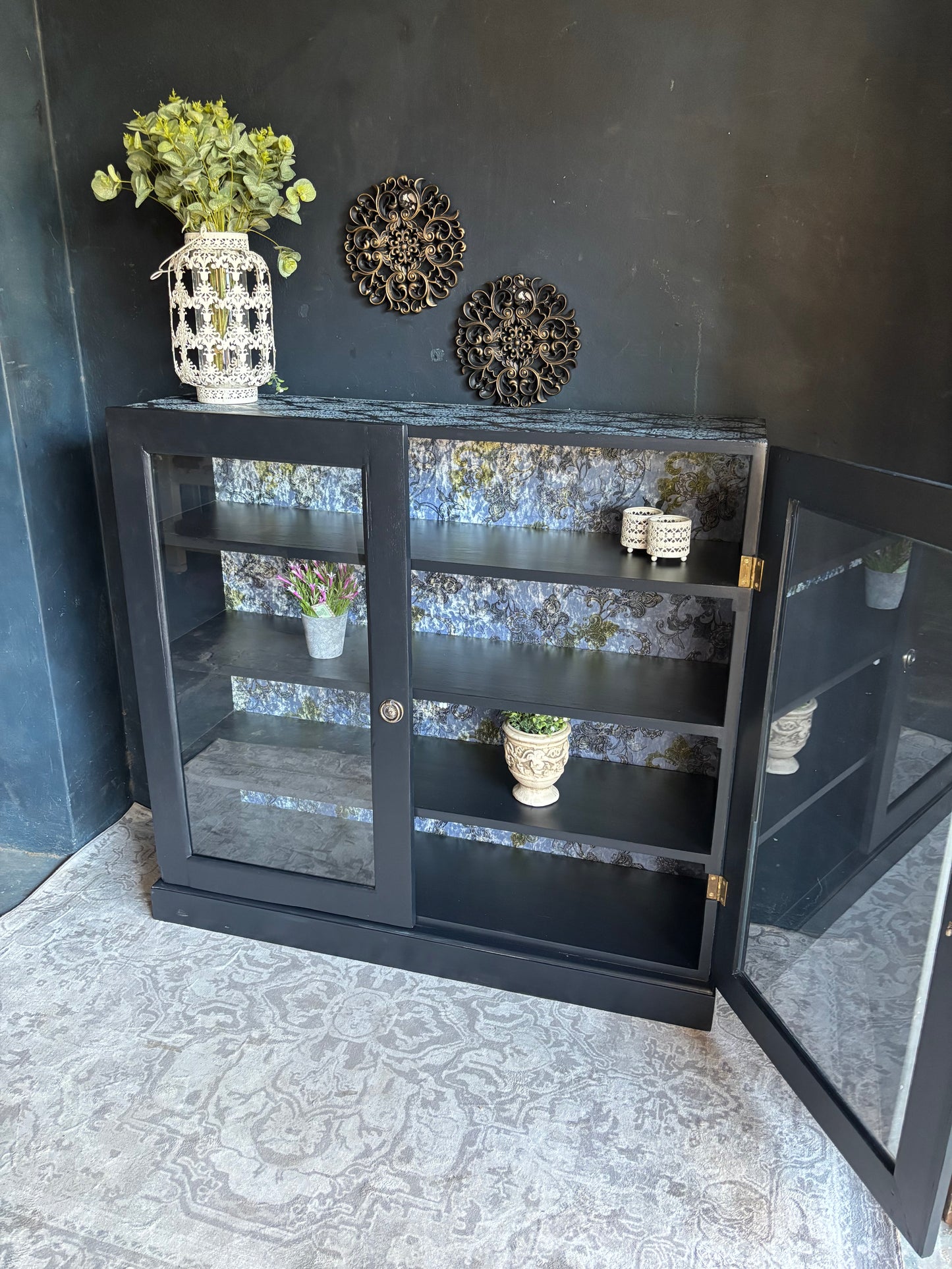 Navy Display Cabinet with Grey Raised Stencil Pattern