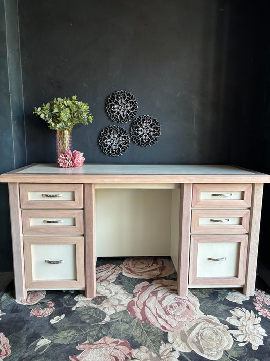 Elegant Dual-Pedestal Desk – Soft Beige & Washed Saligna Finish