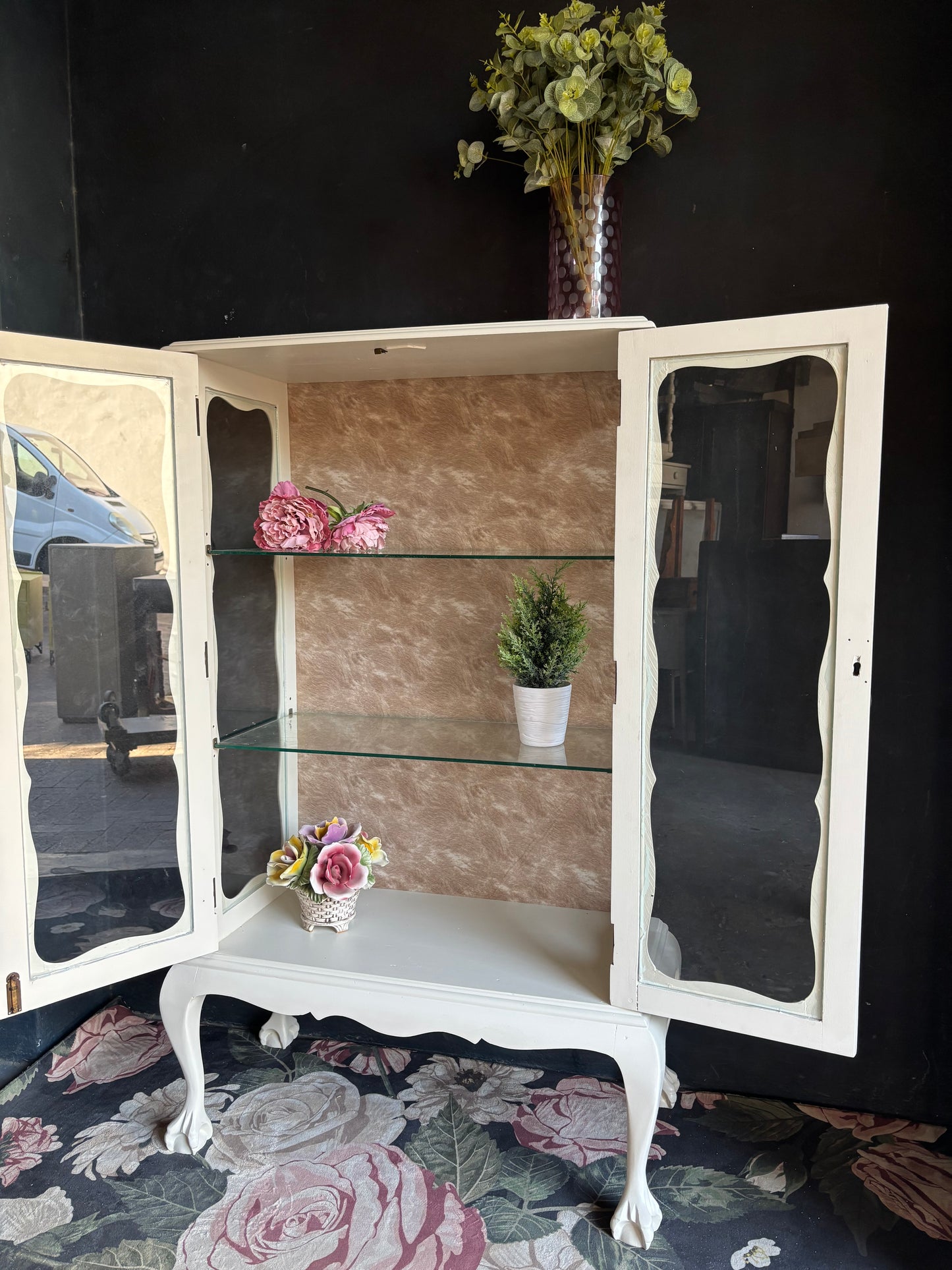 Vintage French Style Cream Glass Display Cabinet