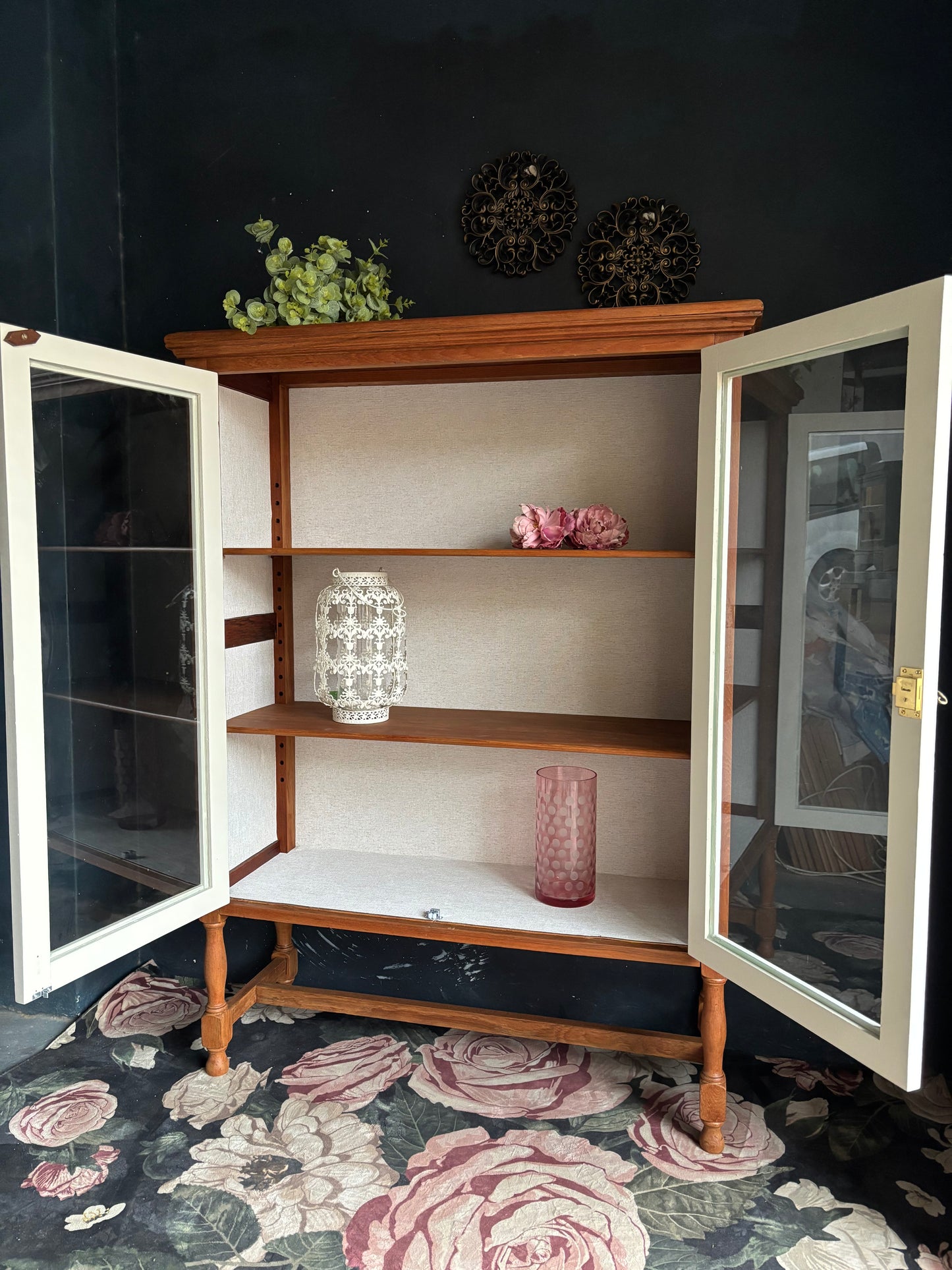 Vintage Teak & Linen Display Cabinet