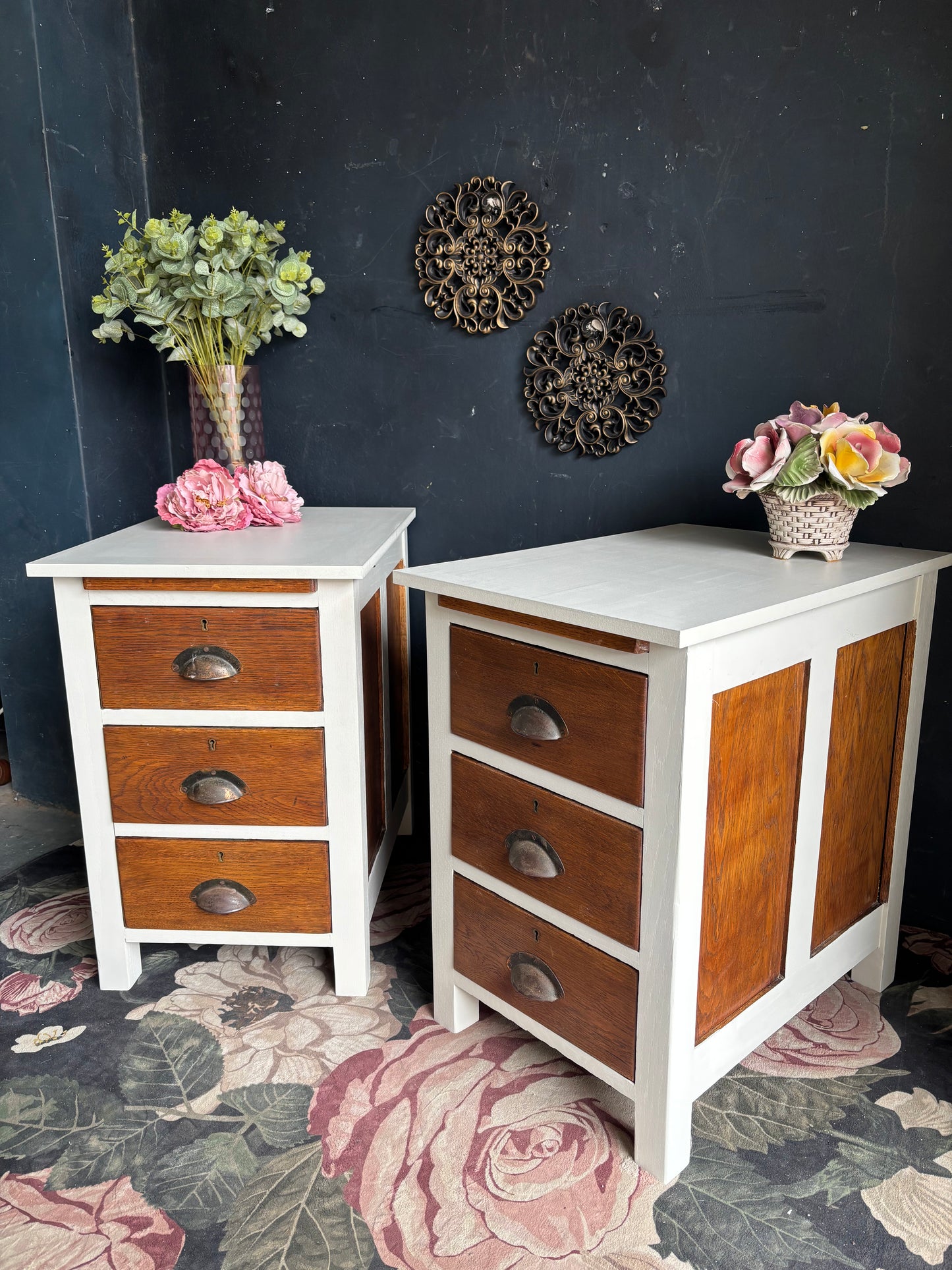 Vintage Oak & Soft White Bedside Tables (Pair)
