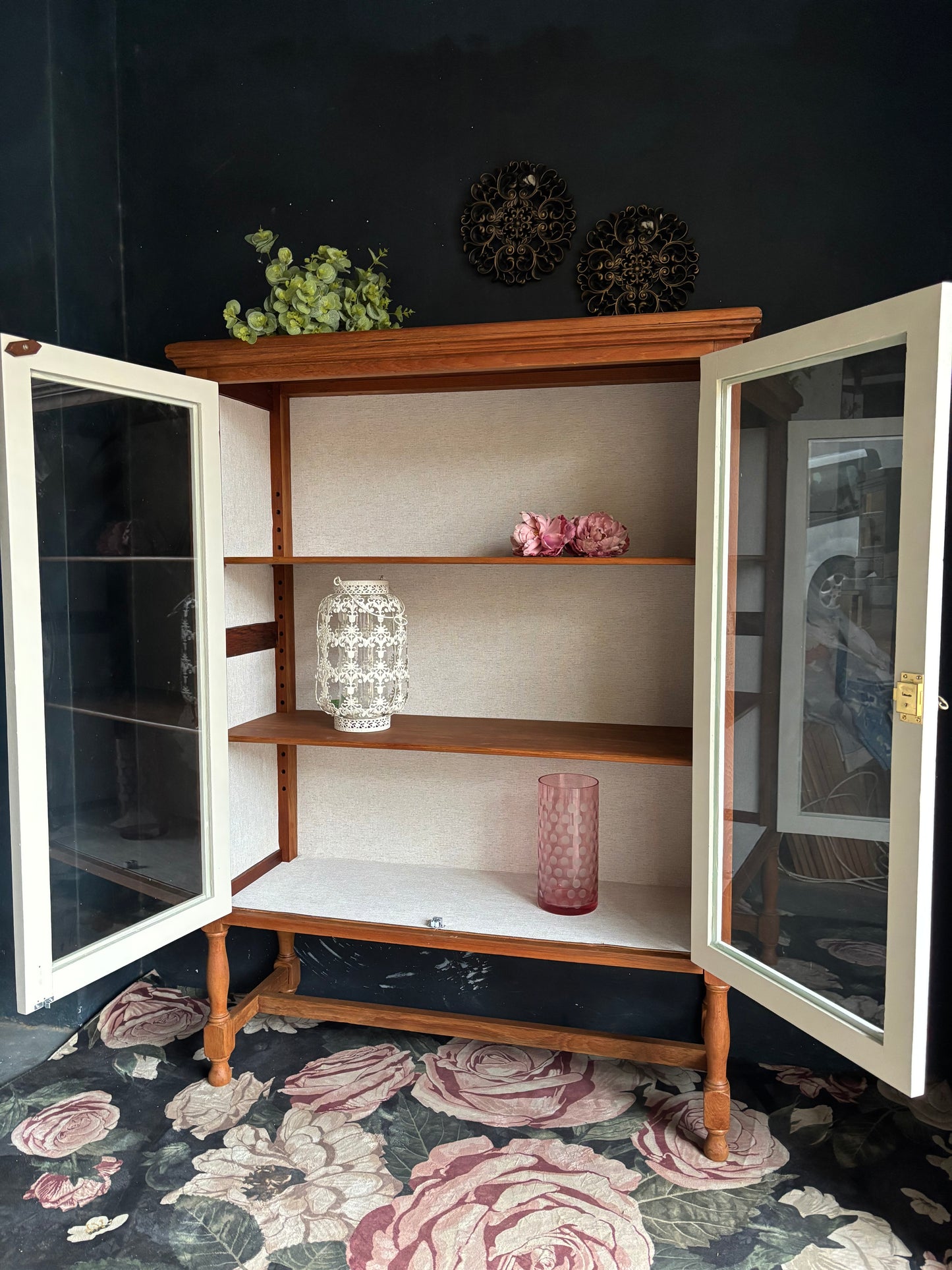 Vintage Teak & Linen Display Cabinet