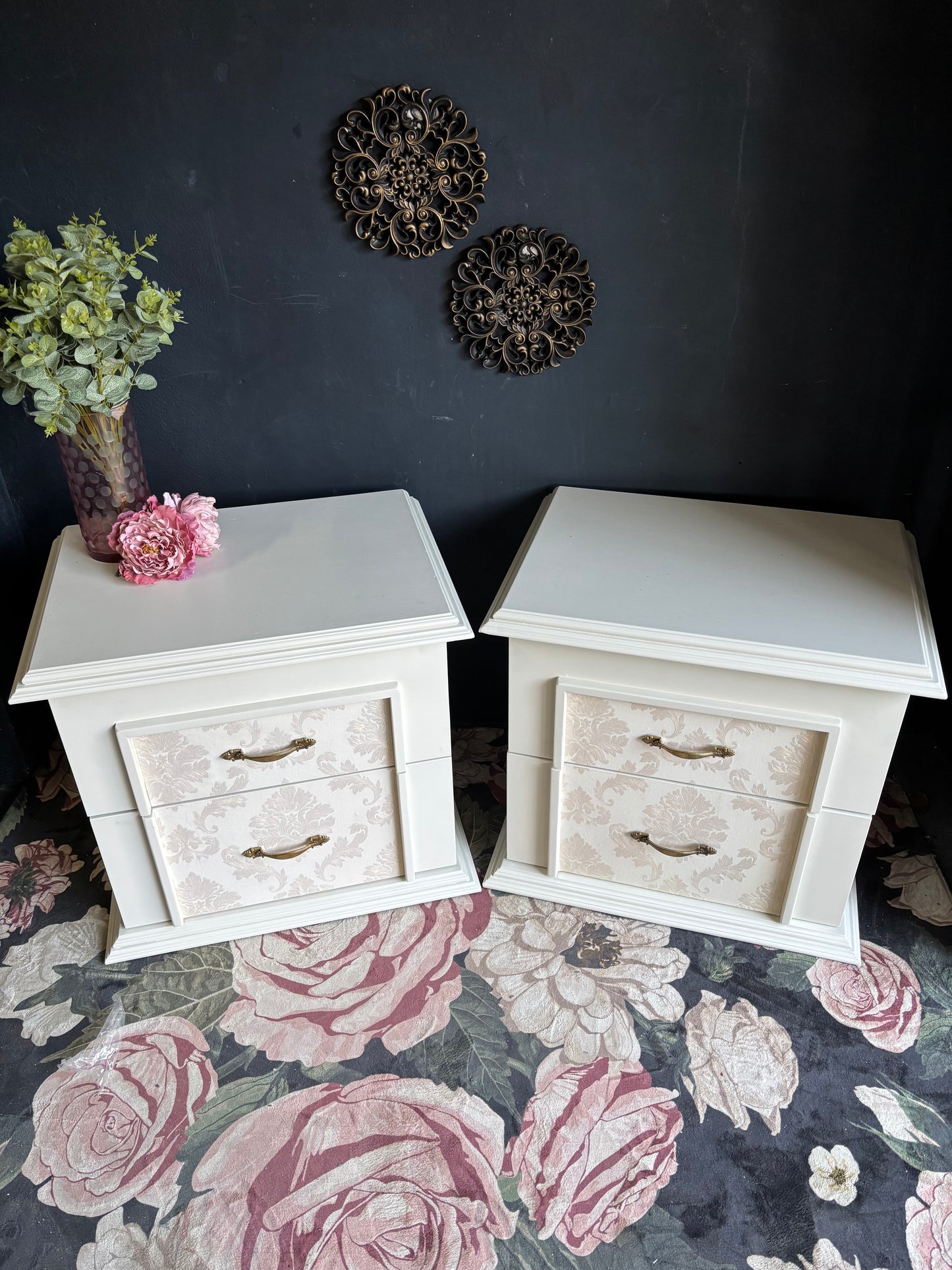 Elegant Oversized Cream Damask Nightstands (Set of 2)