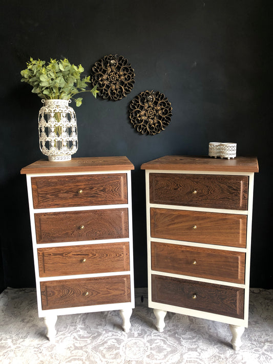 Pair of Tall 4-Drawer Bedside Chests – Solid Partridge Wood Tops & Drawer Fronts
