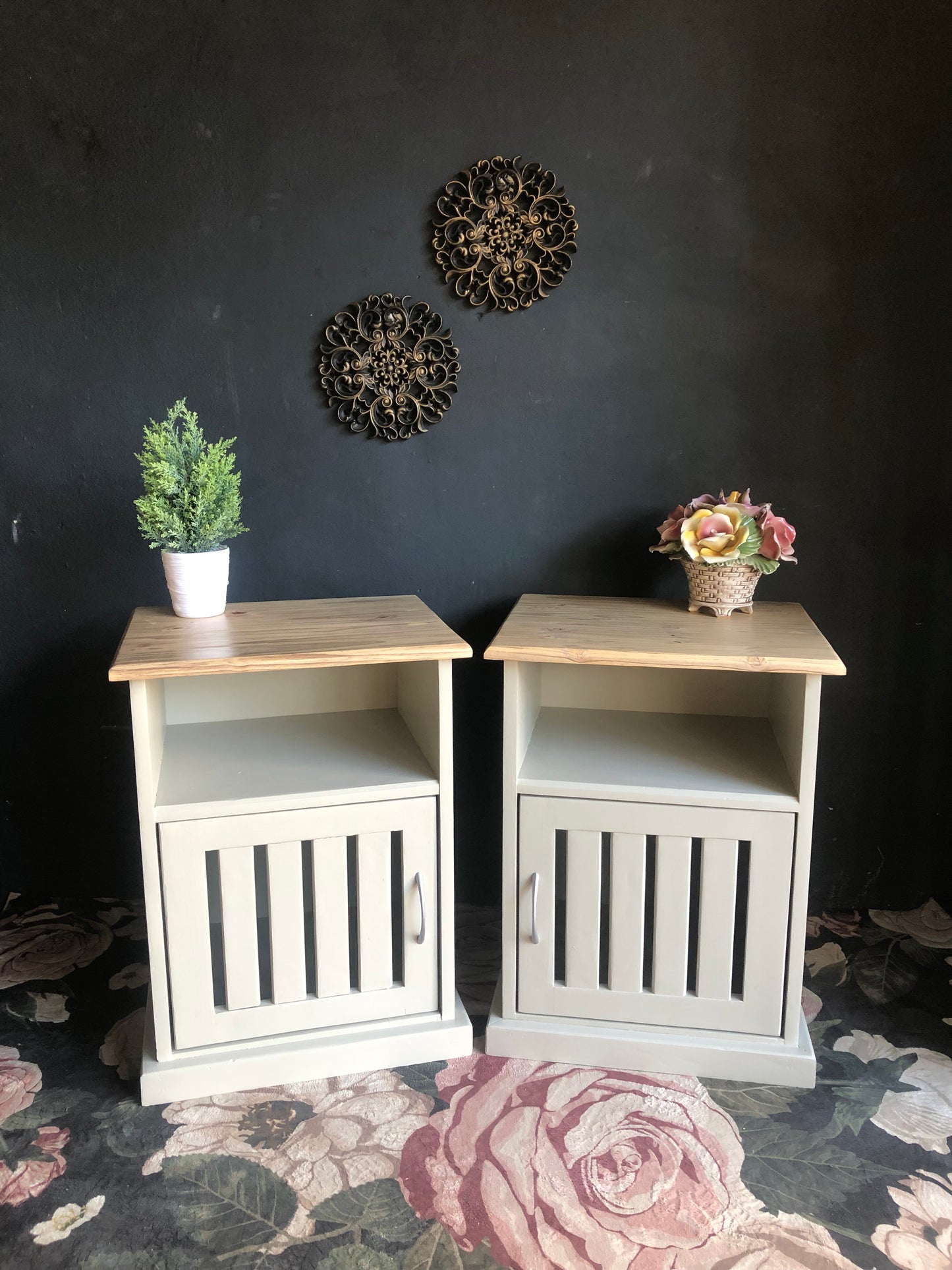 Pair of Bedside Tables with Slatted Door Design