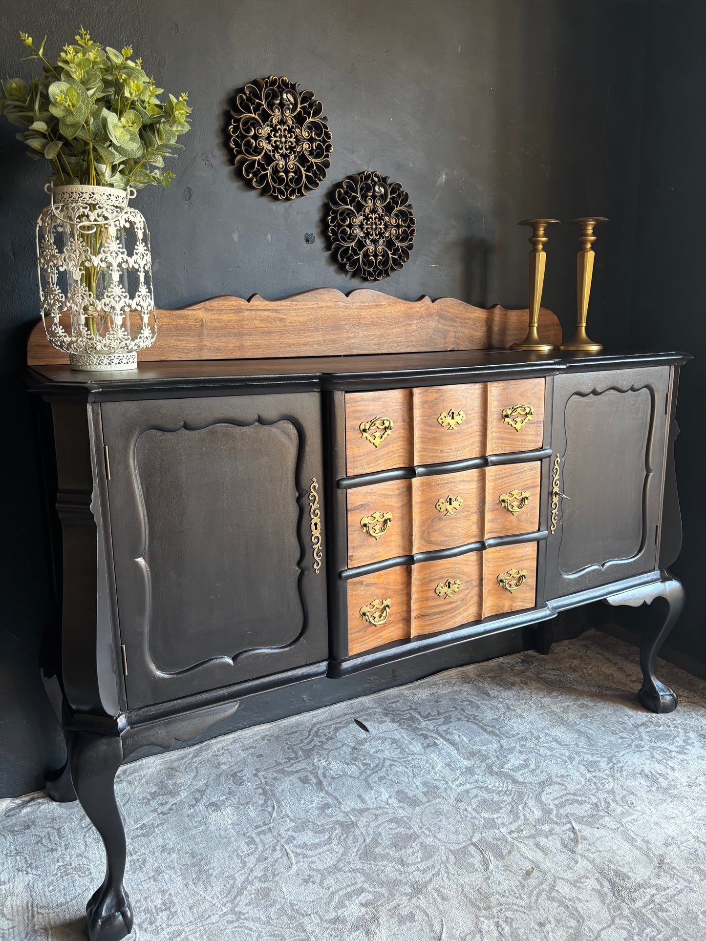 Black Vintage Sideboard with Curved Legs
