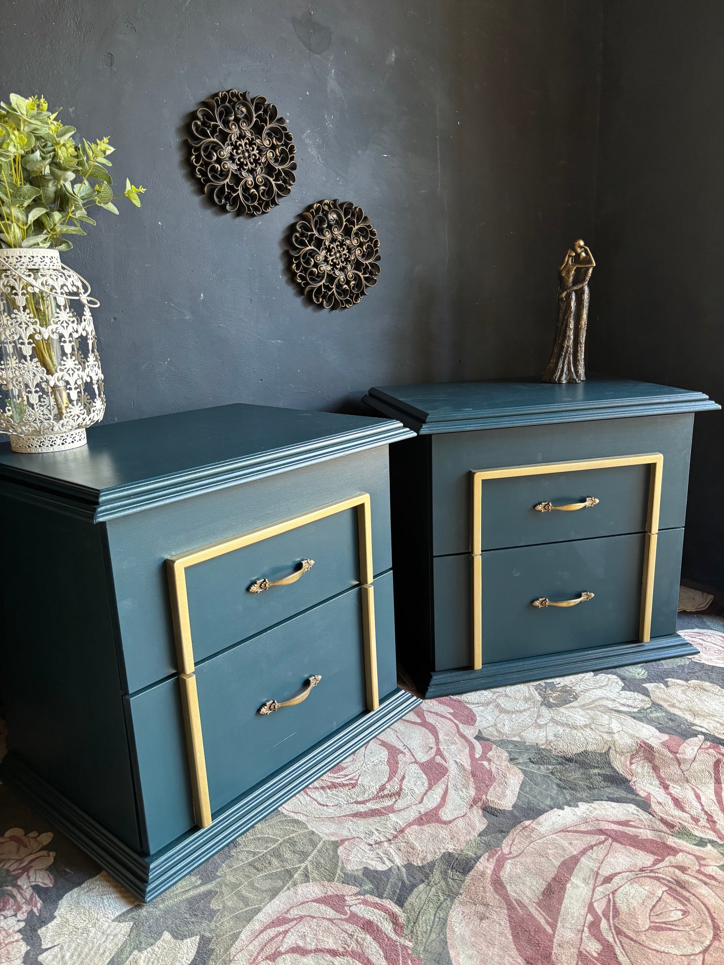 Teal & Gold Accent Bedside Tables (Set of 2)