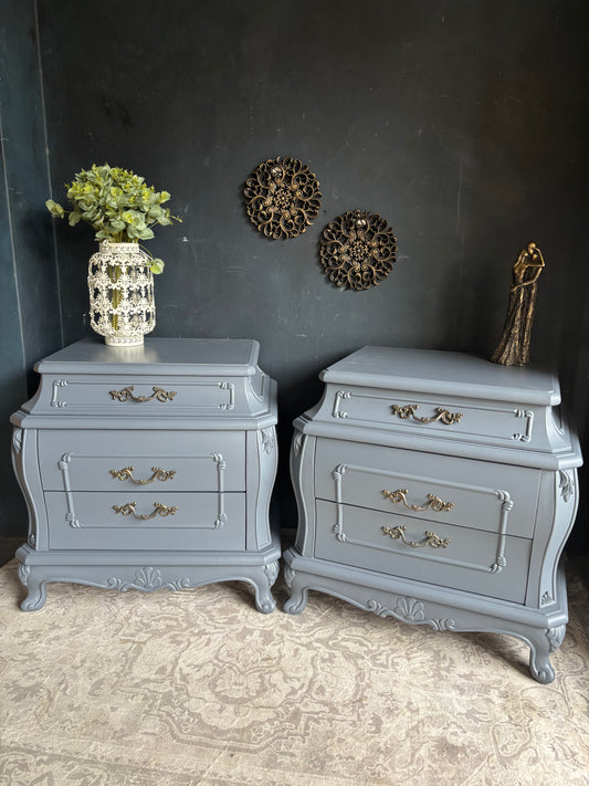Baroque Style Two Drawer Bedside Pedestals Pair Dove Grey
