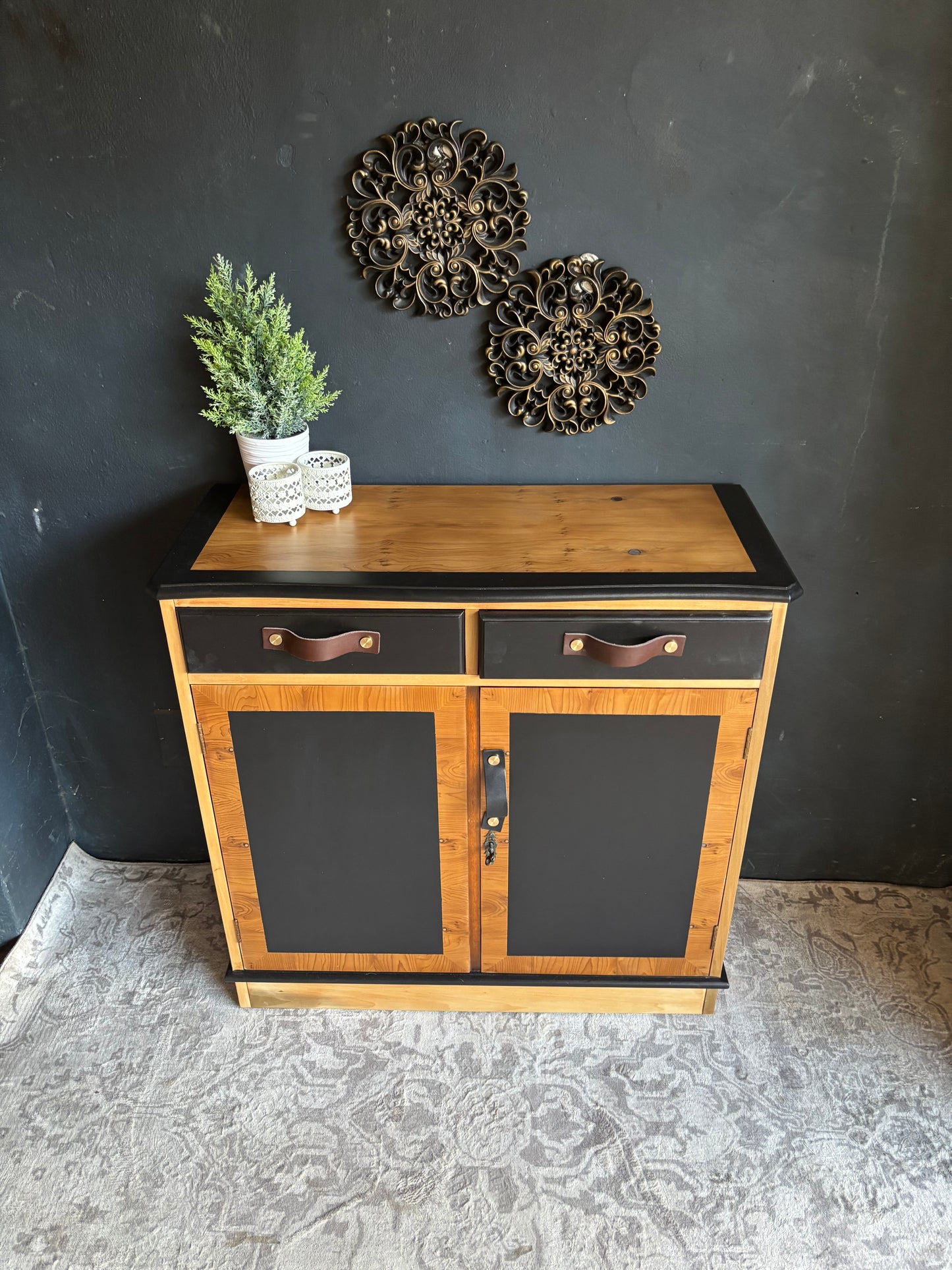 Two-Tone Cabinet with Leather Handles – Rustic Modern Charm