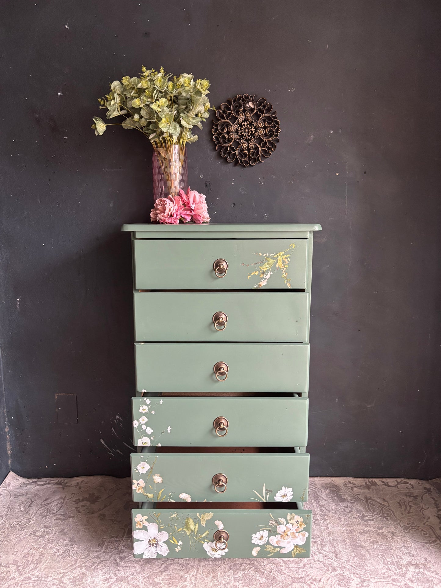 Floral Sage Green Tallboy Chest of Drawers