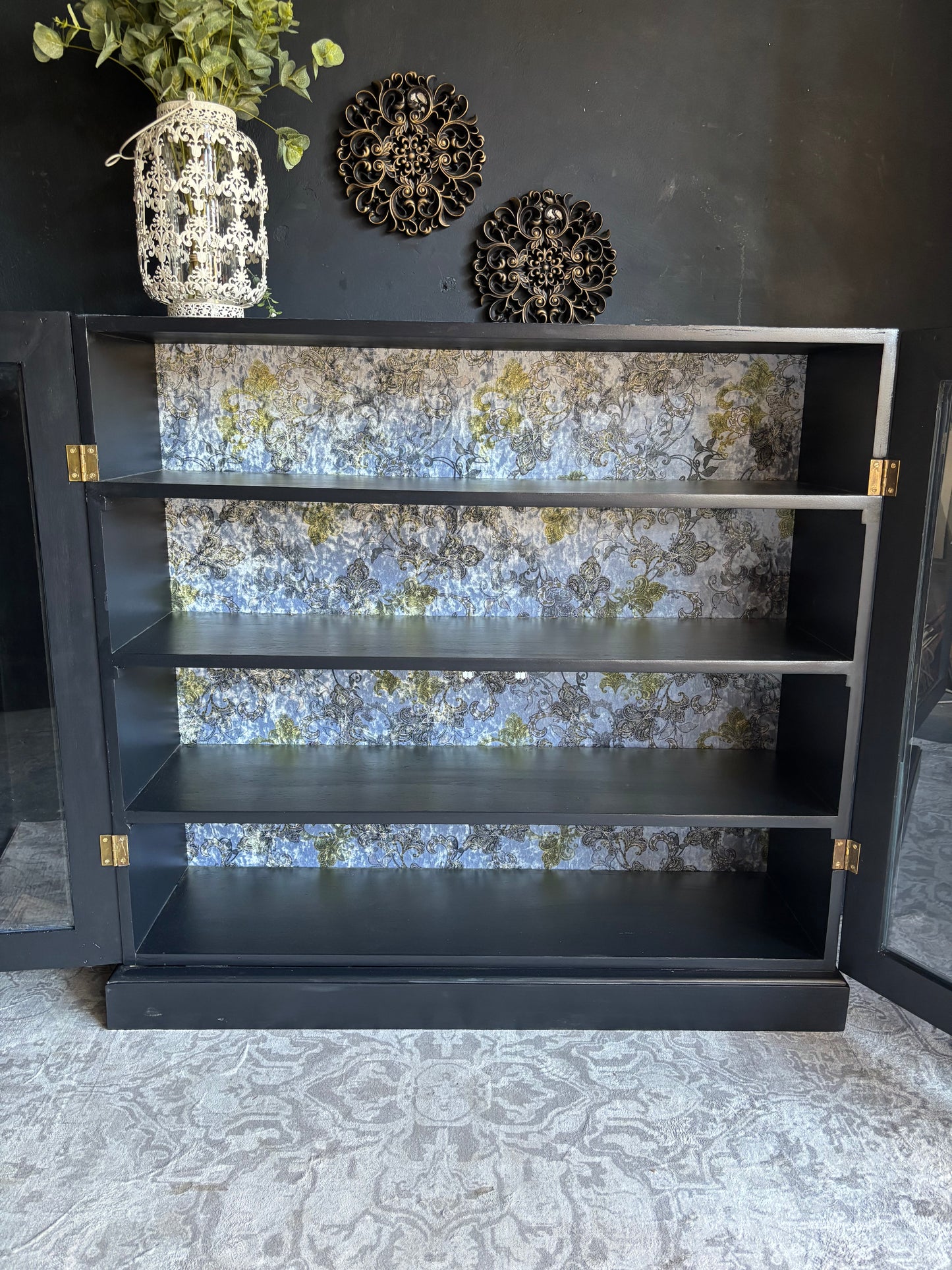 Navy Display Cabinet with Grey Raised Stencil Pattern