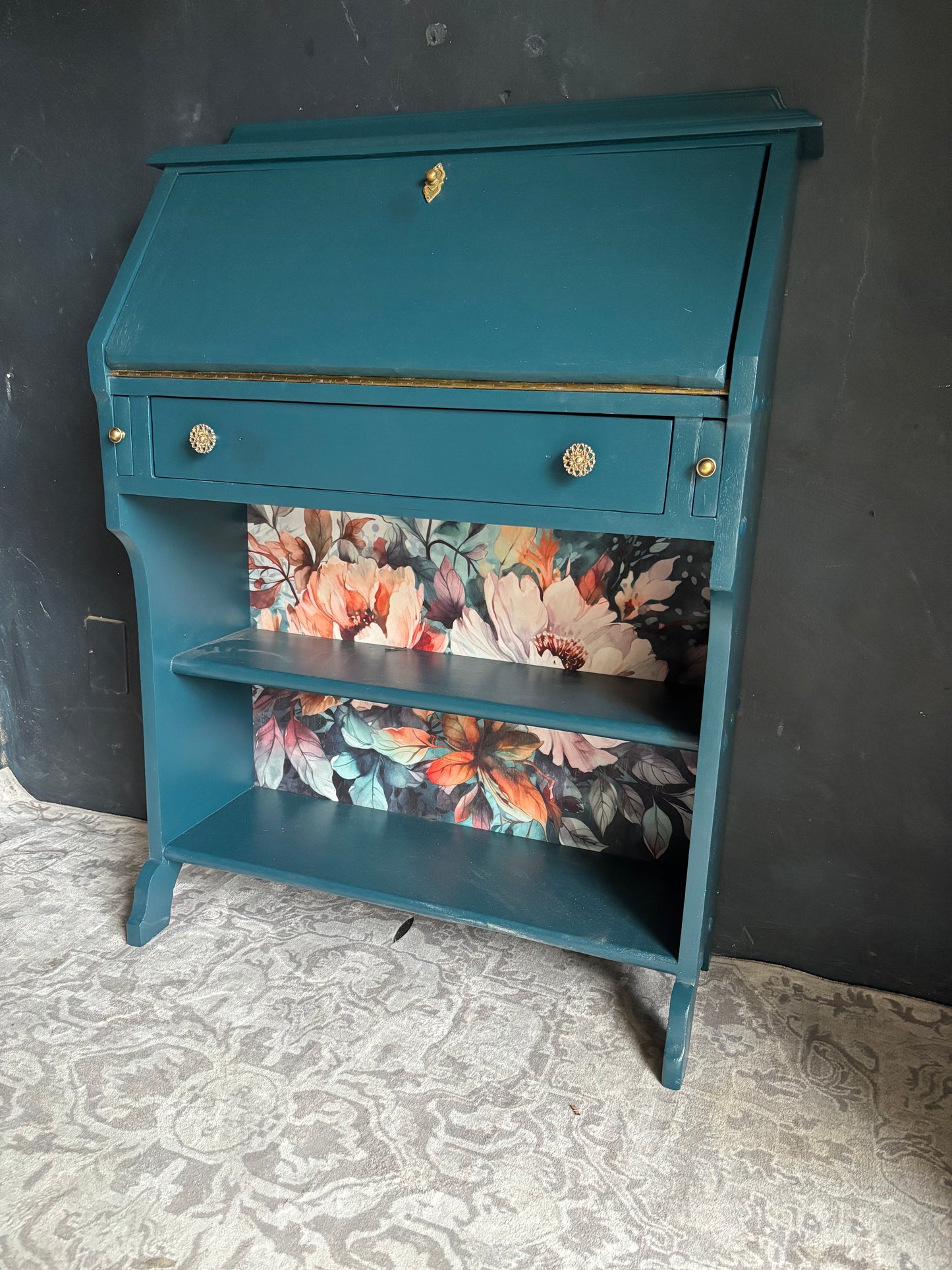 Teal Drop Front Writing Bureau