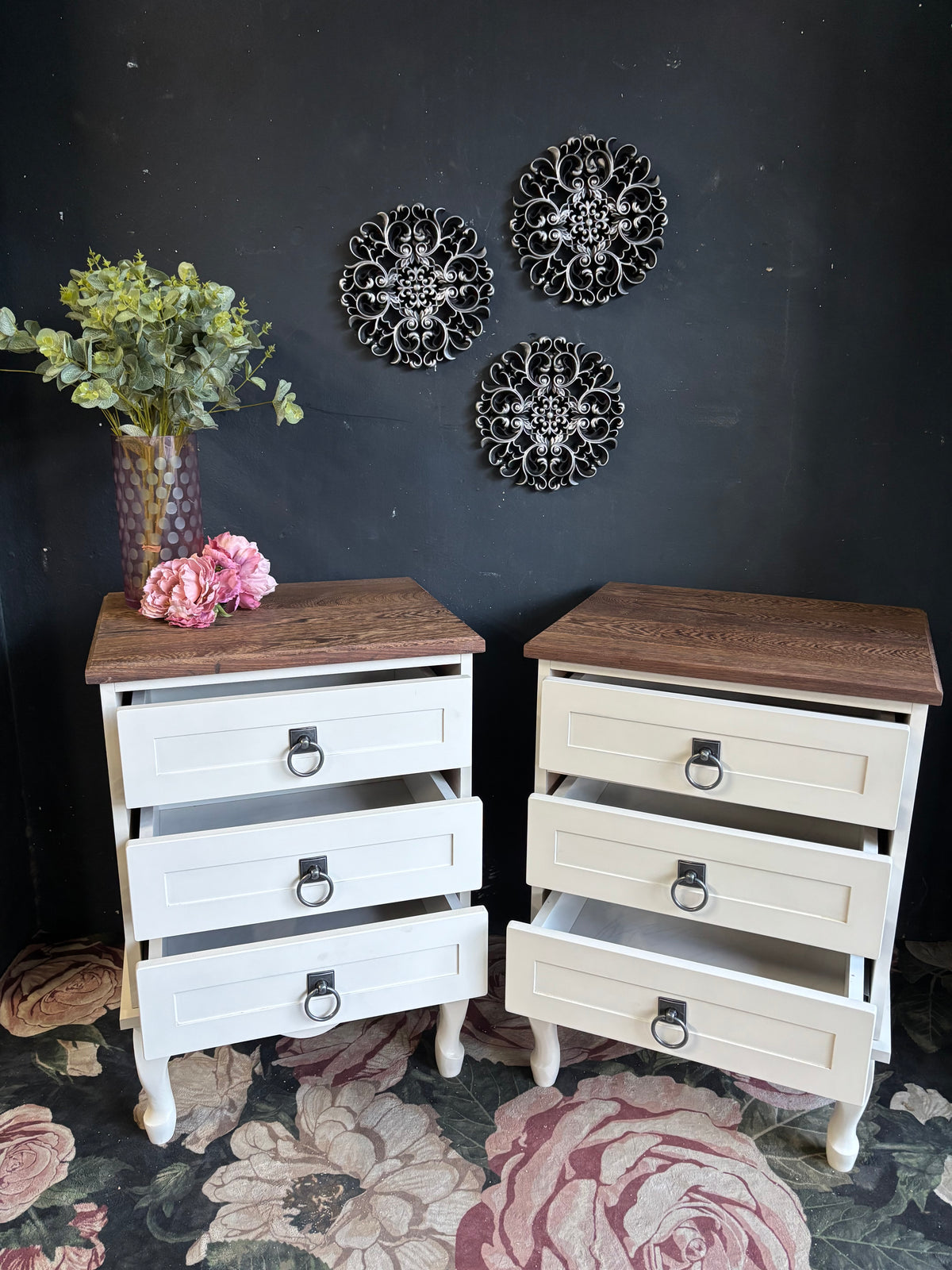 French Provincial Three-Drawer Bedside Tables with Solid Partridge Wood Tops