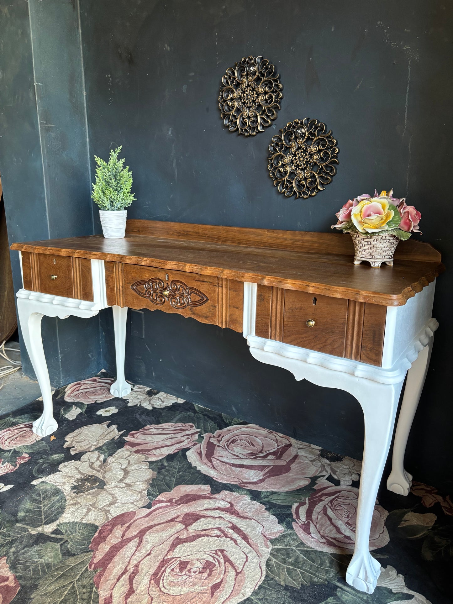 Vintage Queen Anne Desk – Two-Tone Classic Revival