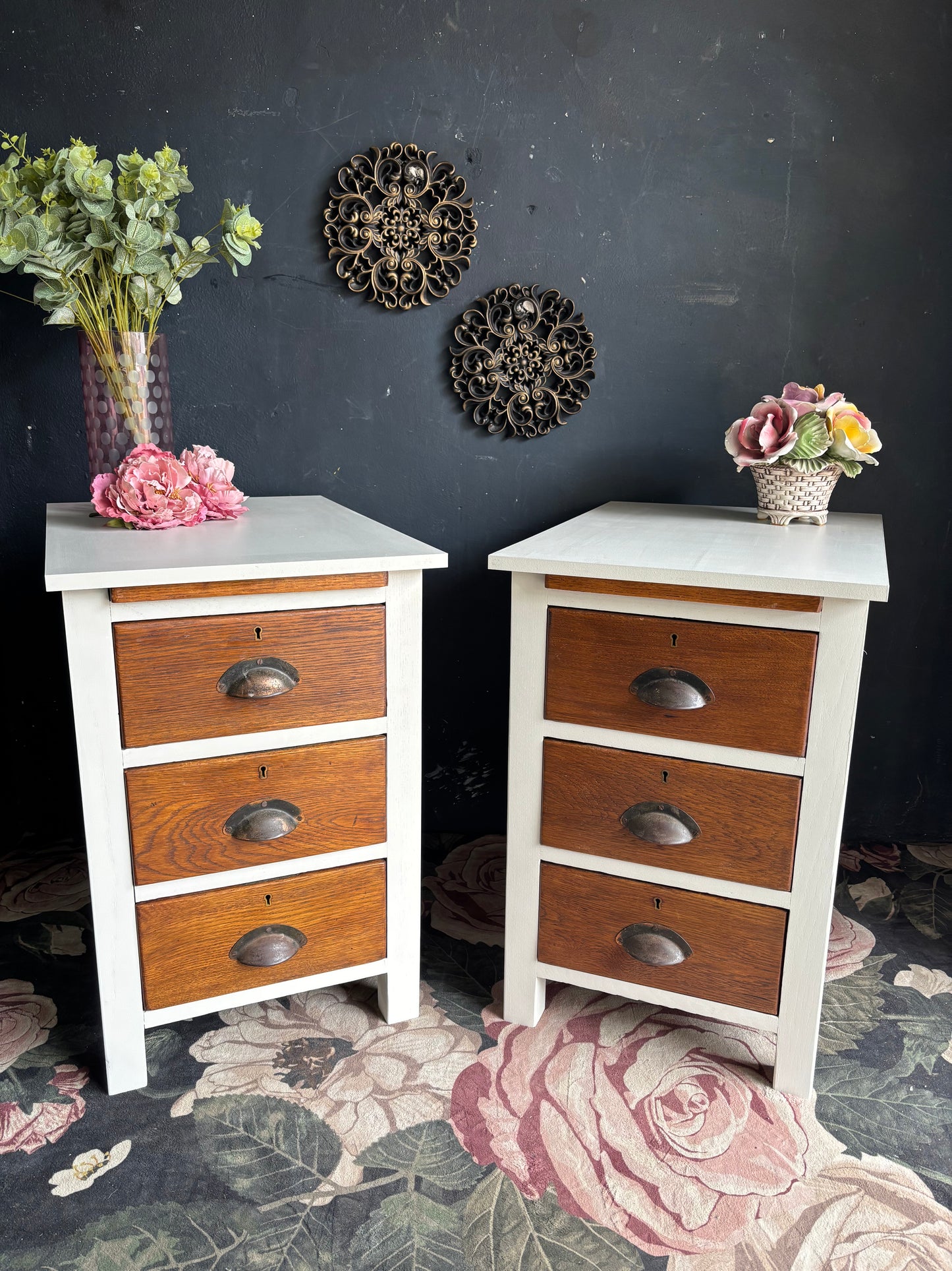 Vintage Oak & Soft White Bedside Tables (Pair)