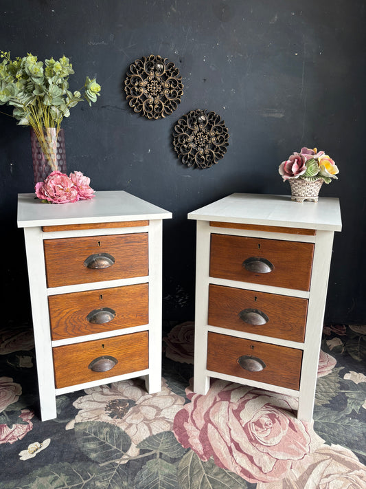 Vintage Oak & Soft White Bedside Tables (Pair)