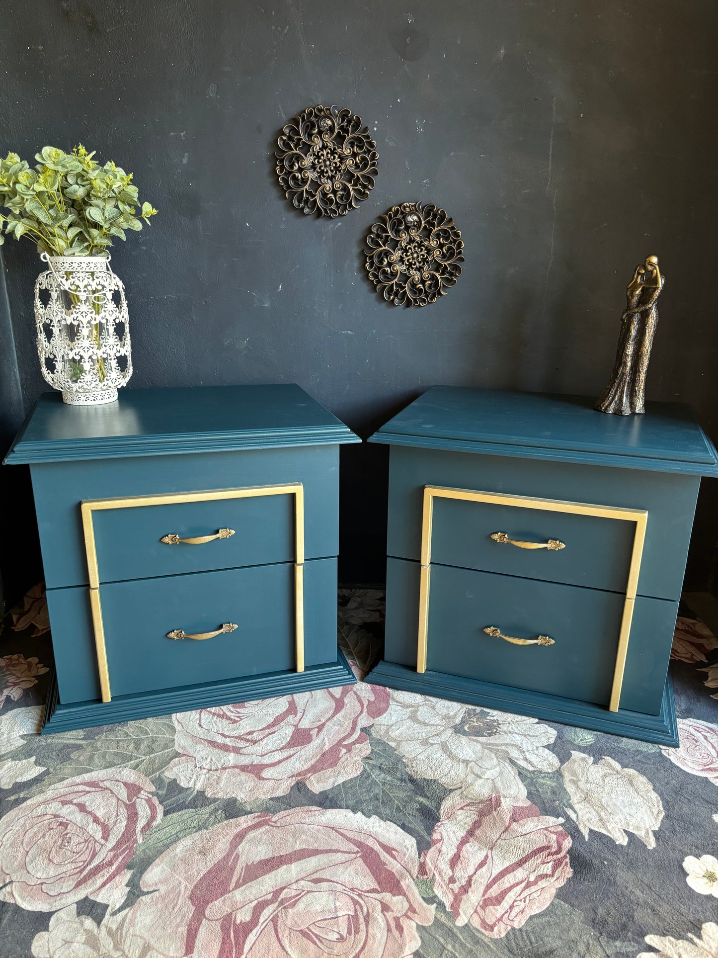 Teal & Gold Accent Bedside Tables (Set of 2)
