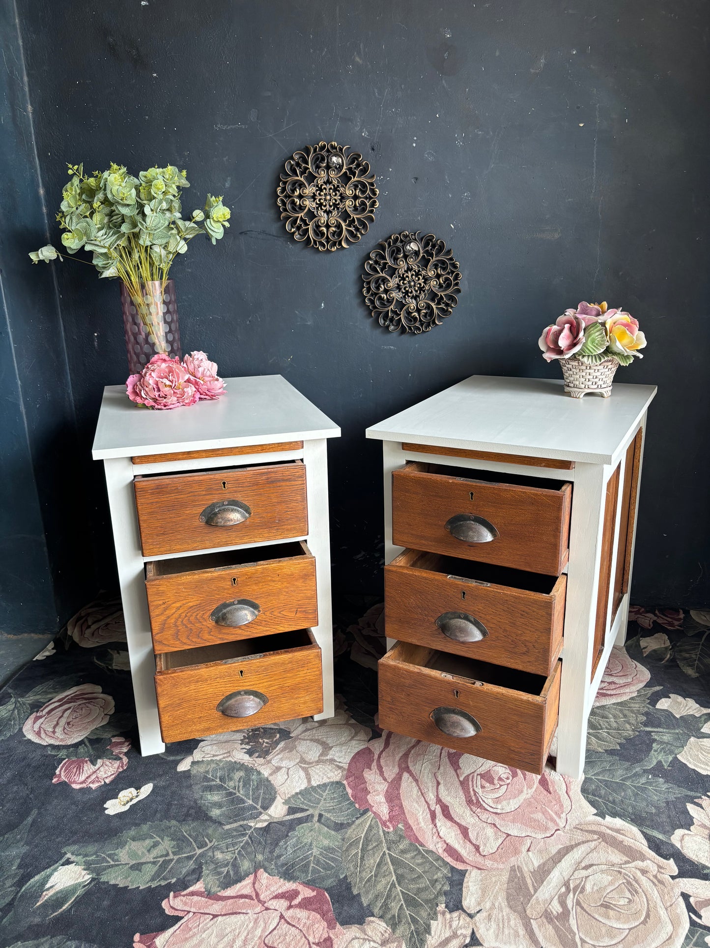 Vintage Oak & Soft White Bedside Tables (Pair)