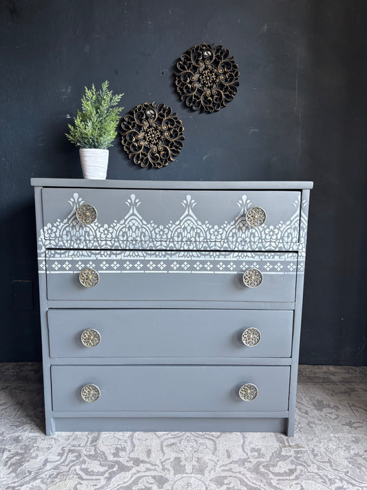 Slate Grey Stencilled Chest of Drawers