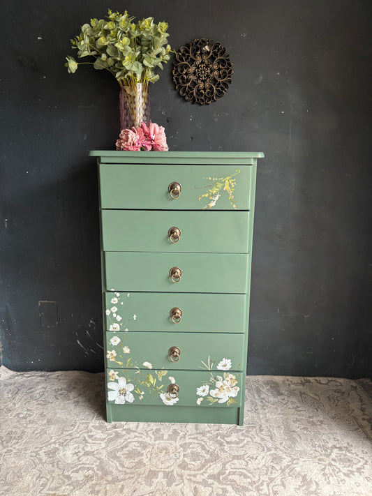 Floral Sage Green Tallboy Chest of Drawers