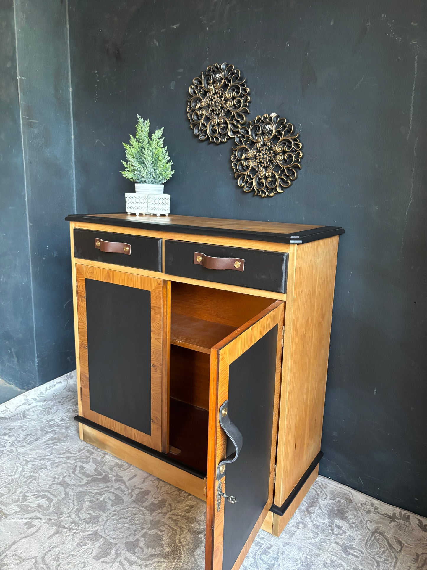 Two-Tone Cabinet with Leather Handles – Rustic Modern Charm