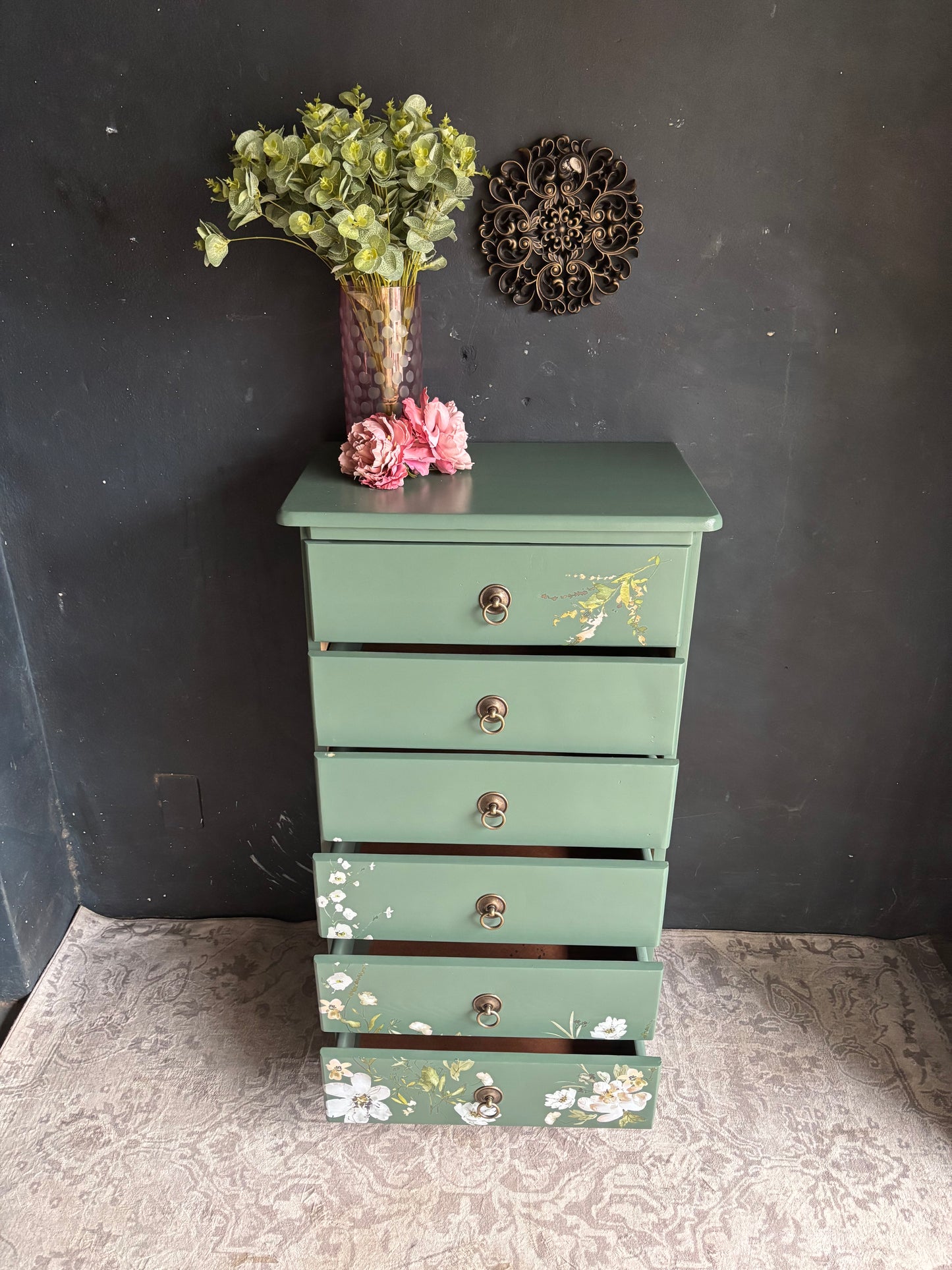 Floral Sage Green Tallboy Chest of Drawers