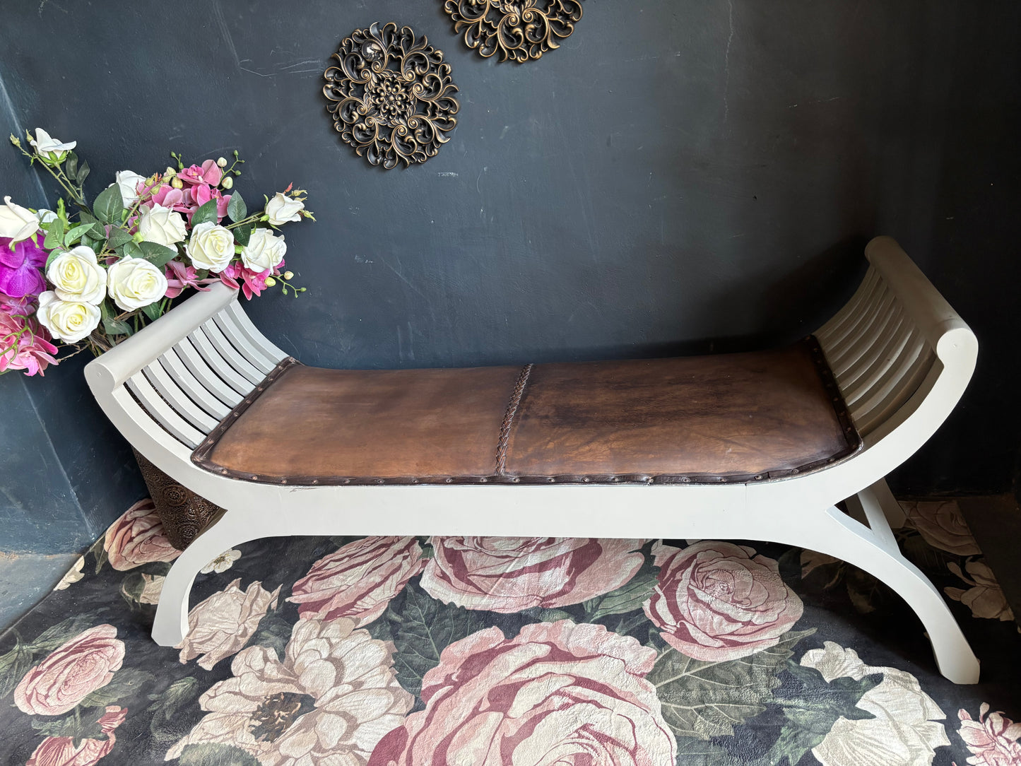 Curved Wooden Bench with Leather Seat