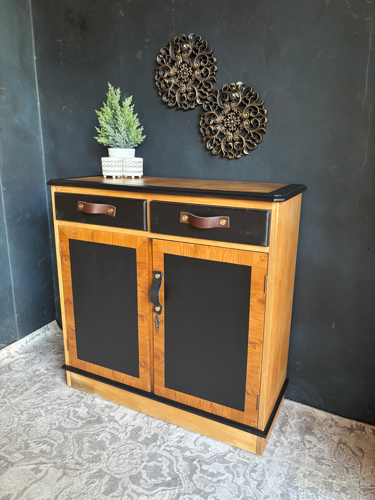 Two-Tone Cabinet with Leather Handles – Rustic Modern Charm