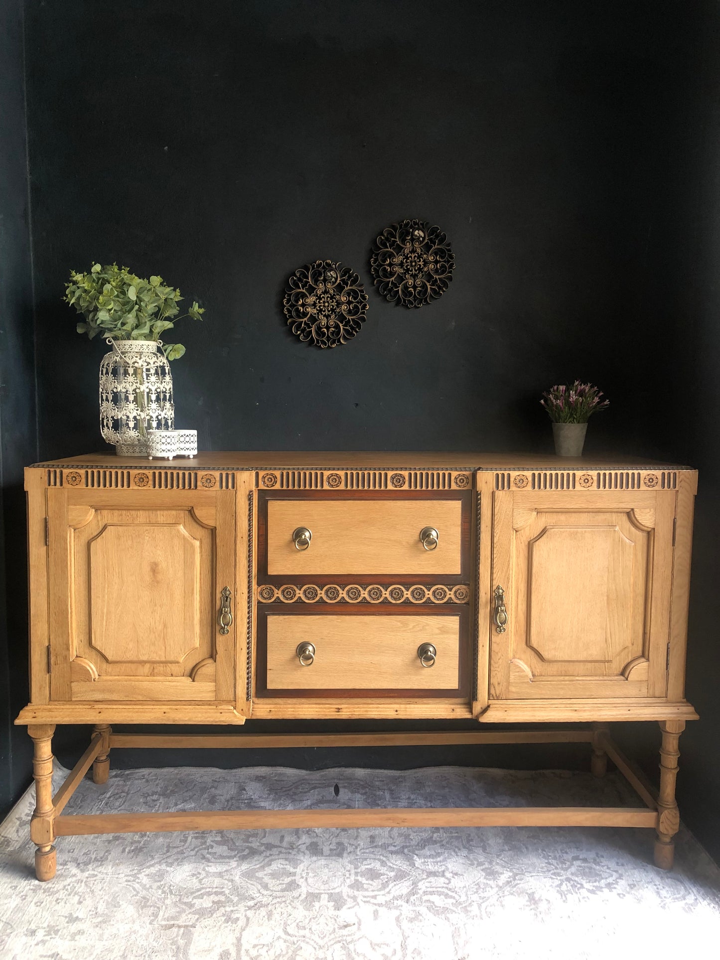 Solid Oak Vintage Sideboard with Carved Detail