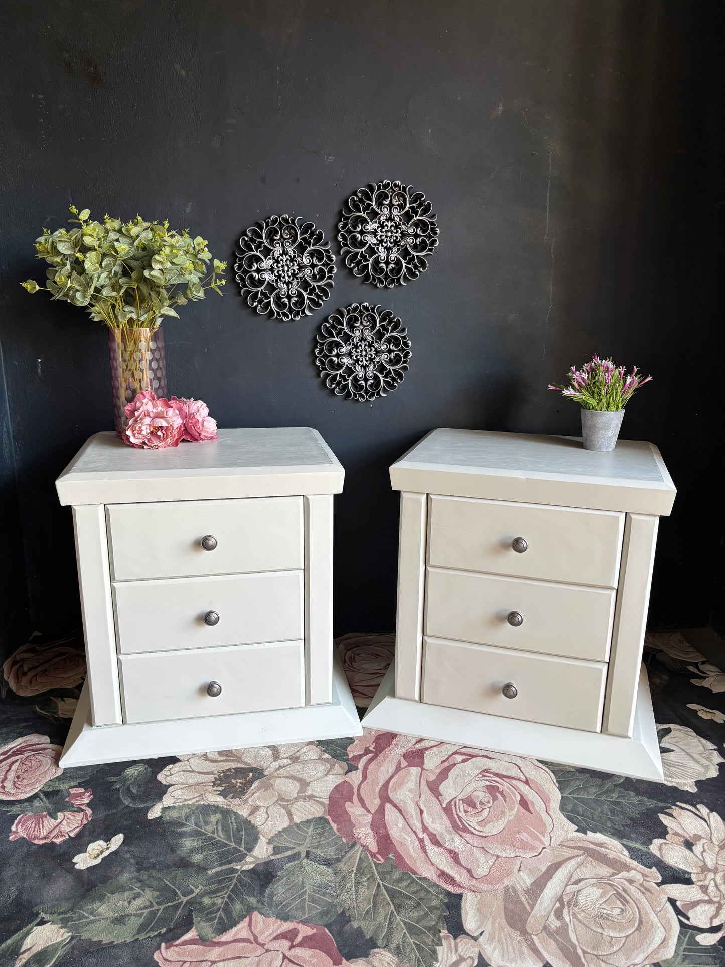 Pair of Soft White Three Drawer Bedside Tables