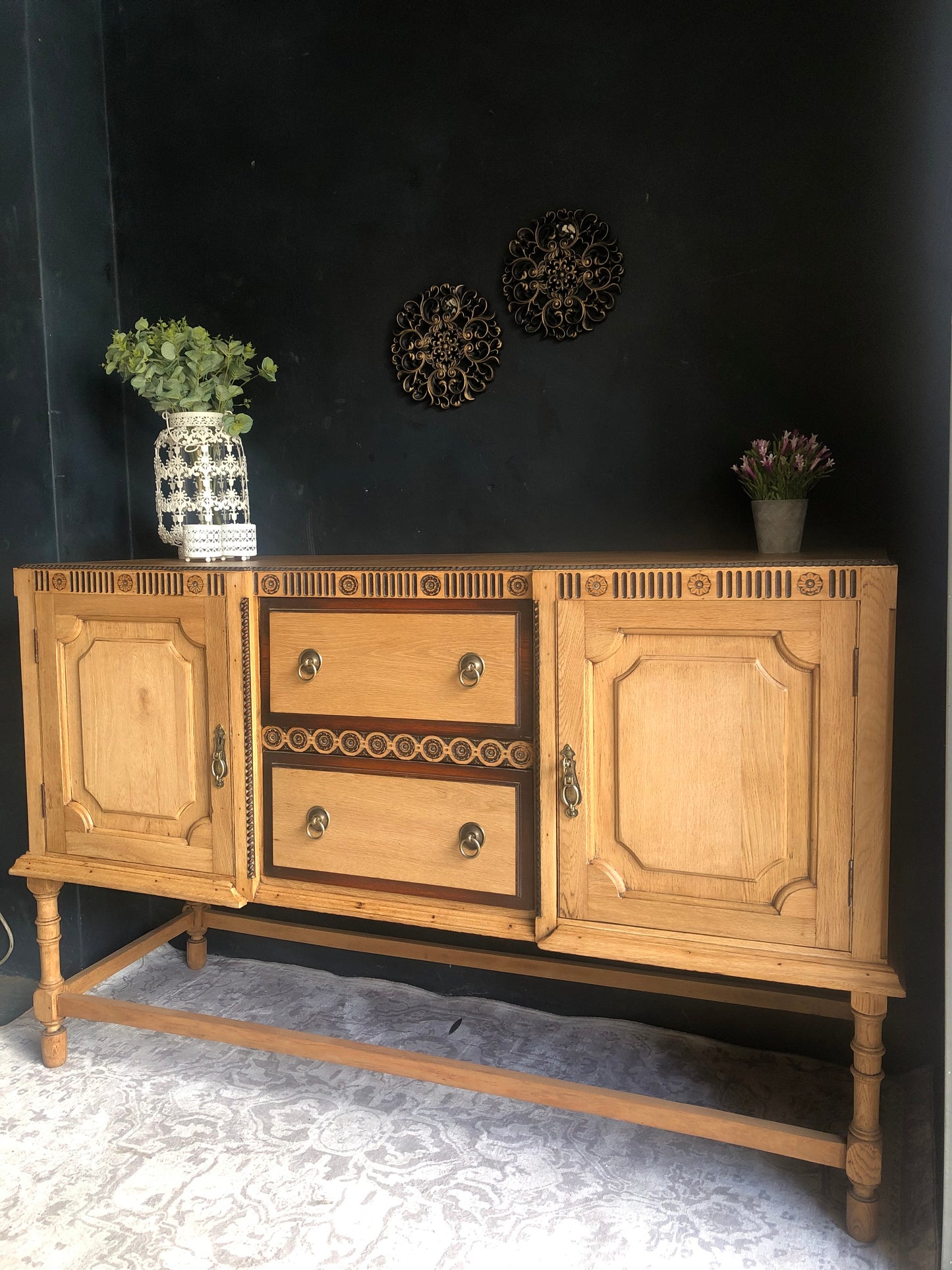 Solid Oak Vintage Sideboard with Carved Detail