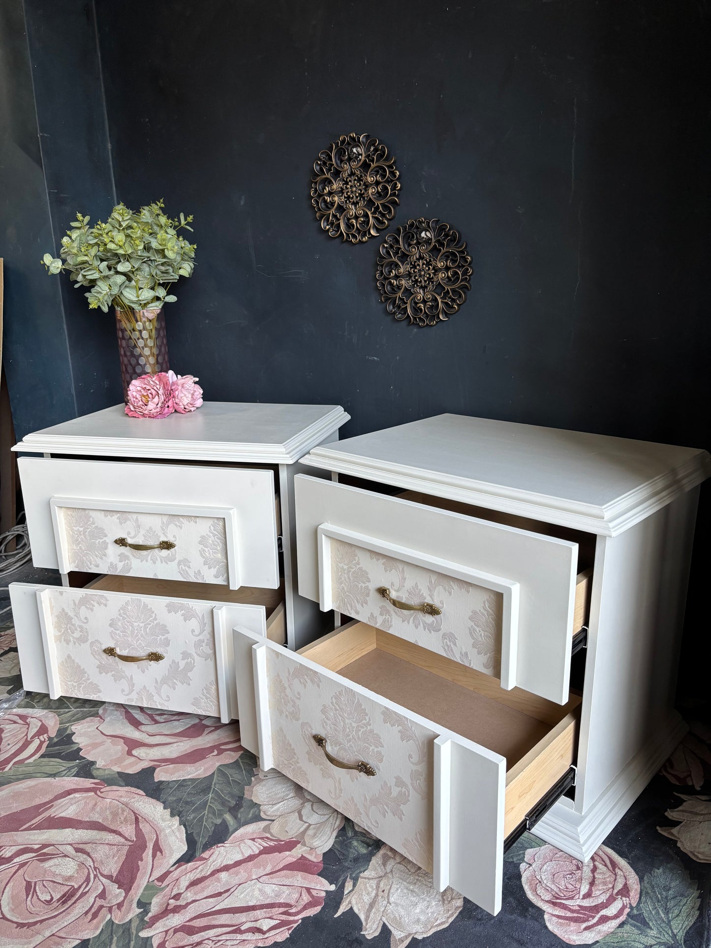 Elegant Oversized Cream Damask Nightstands (Set of 2)