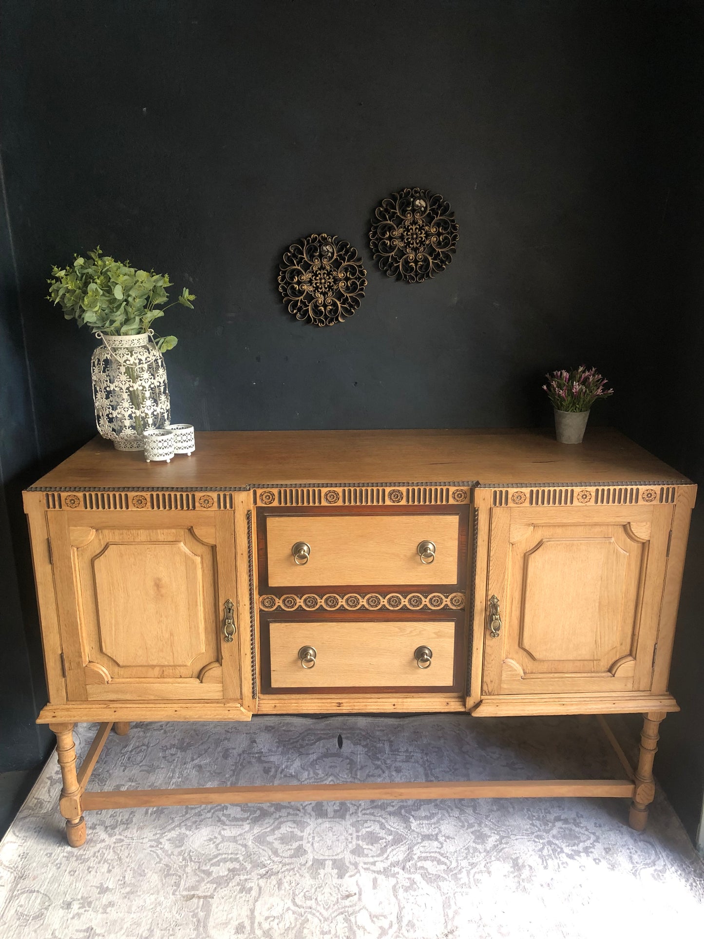 Solid Oak Vintage Sideboard with Carved Detail