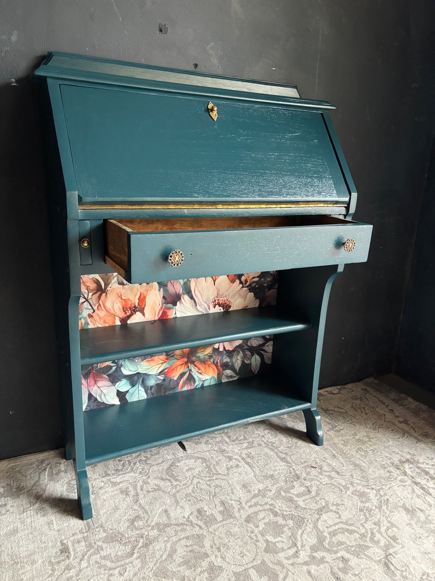 Teal Drop Front Writing Bureau