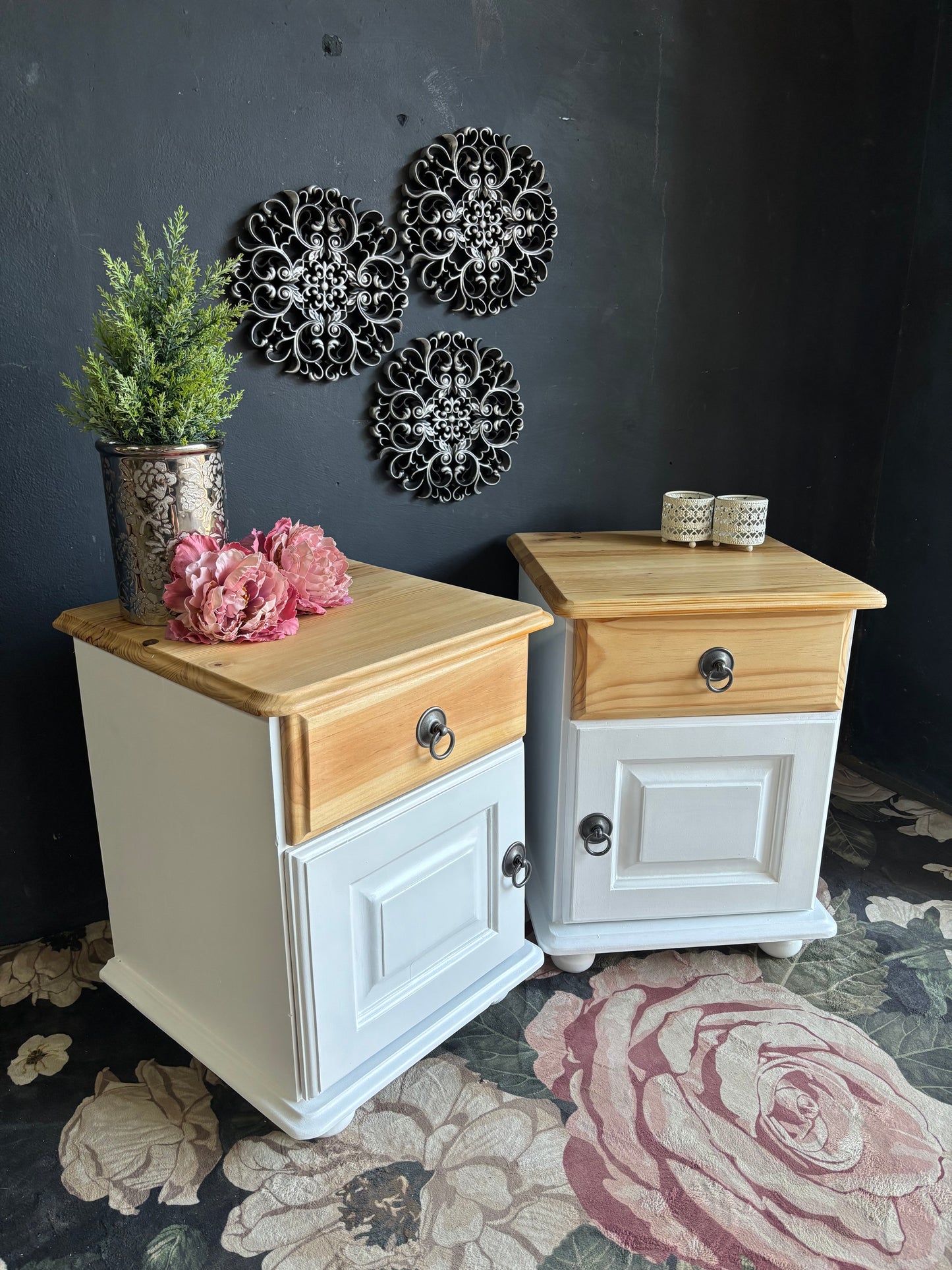 Pair of White & Pine Bedside Tables