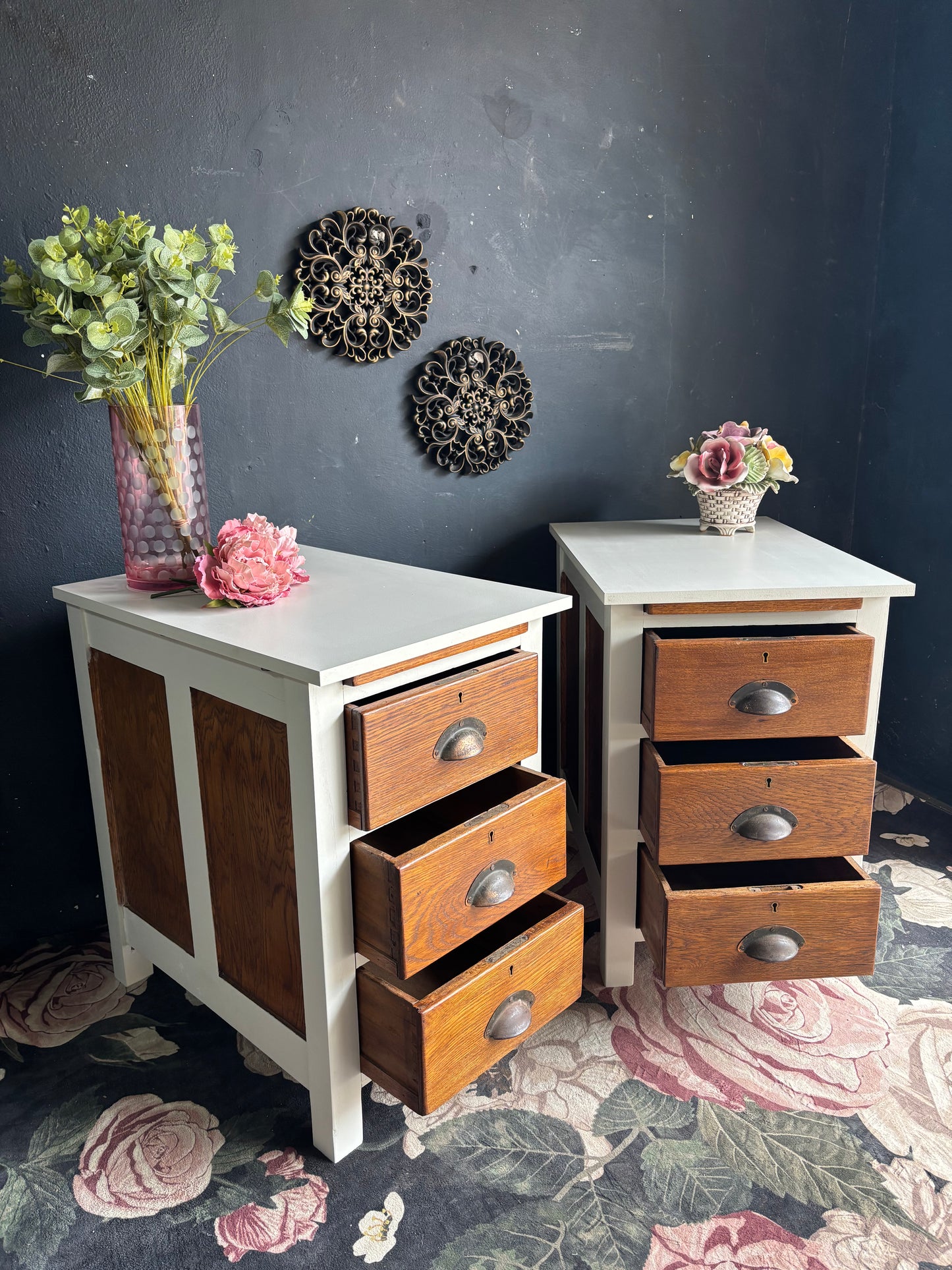 Vintage Oak & Soft White Bedside Tables (Pair)