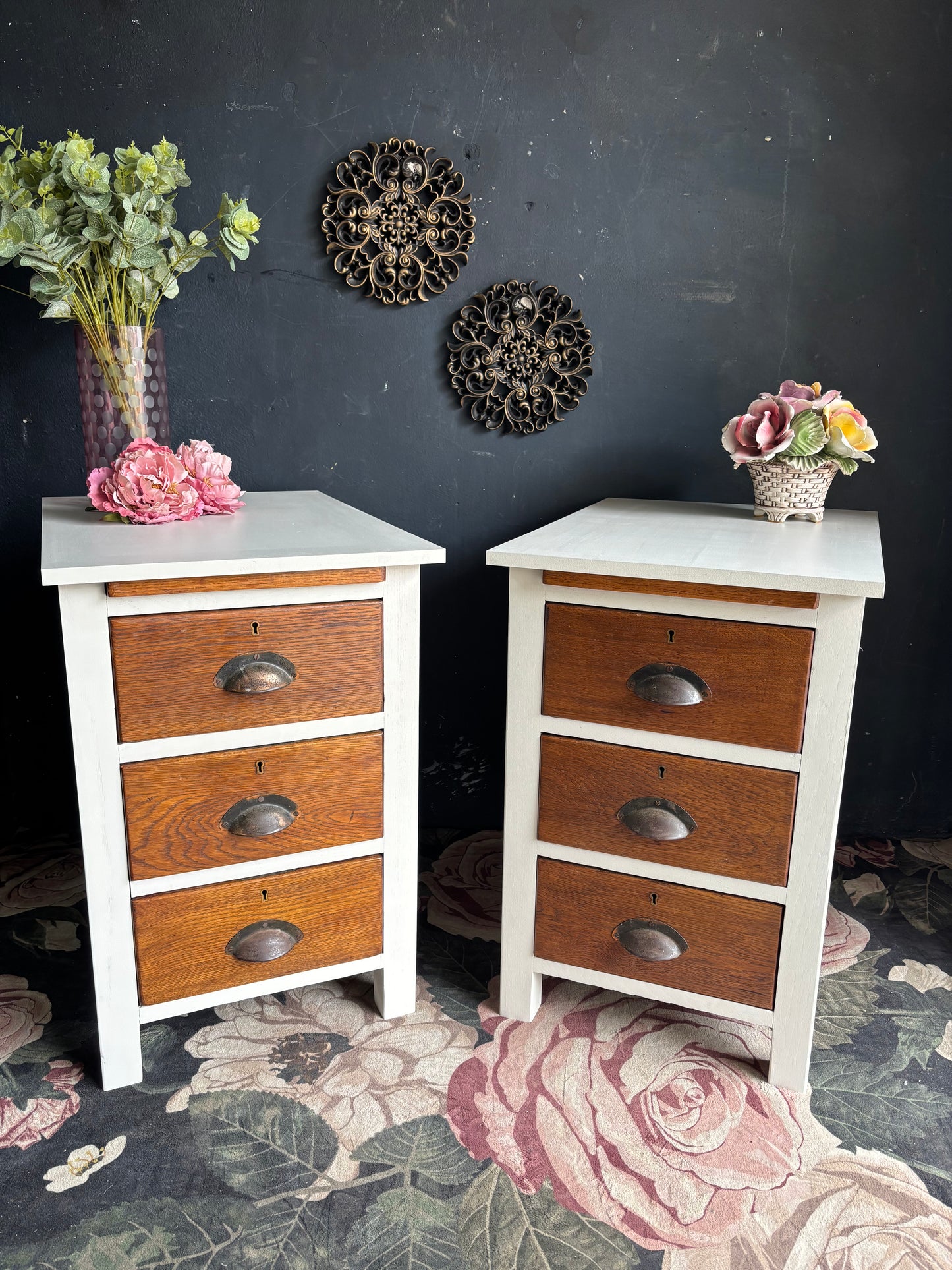 Vintage Oak & Soft White Bedside Tables (Pair)
