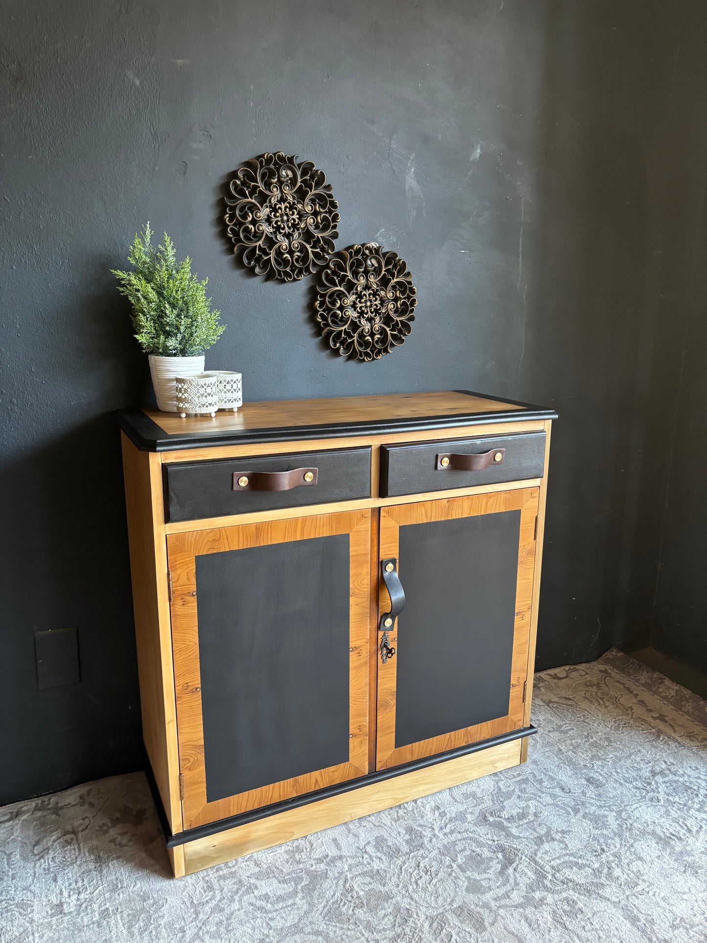 Two-Tone Cabinet with Leather Handles – Rustic Modern Charm