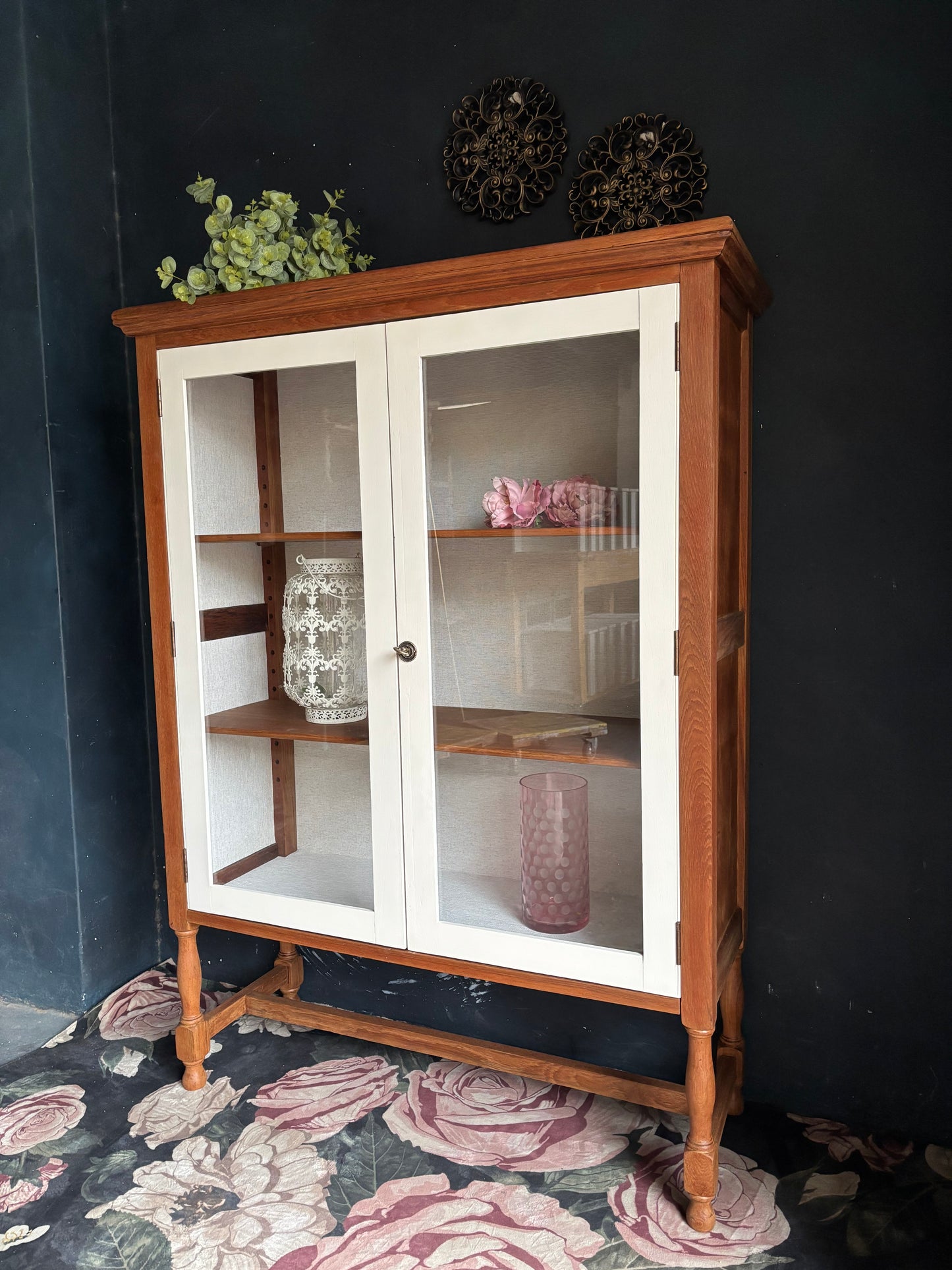 Vintage Teak & Linen Display Cabinet