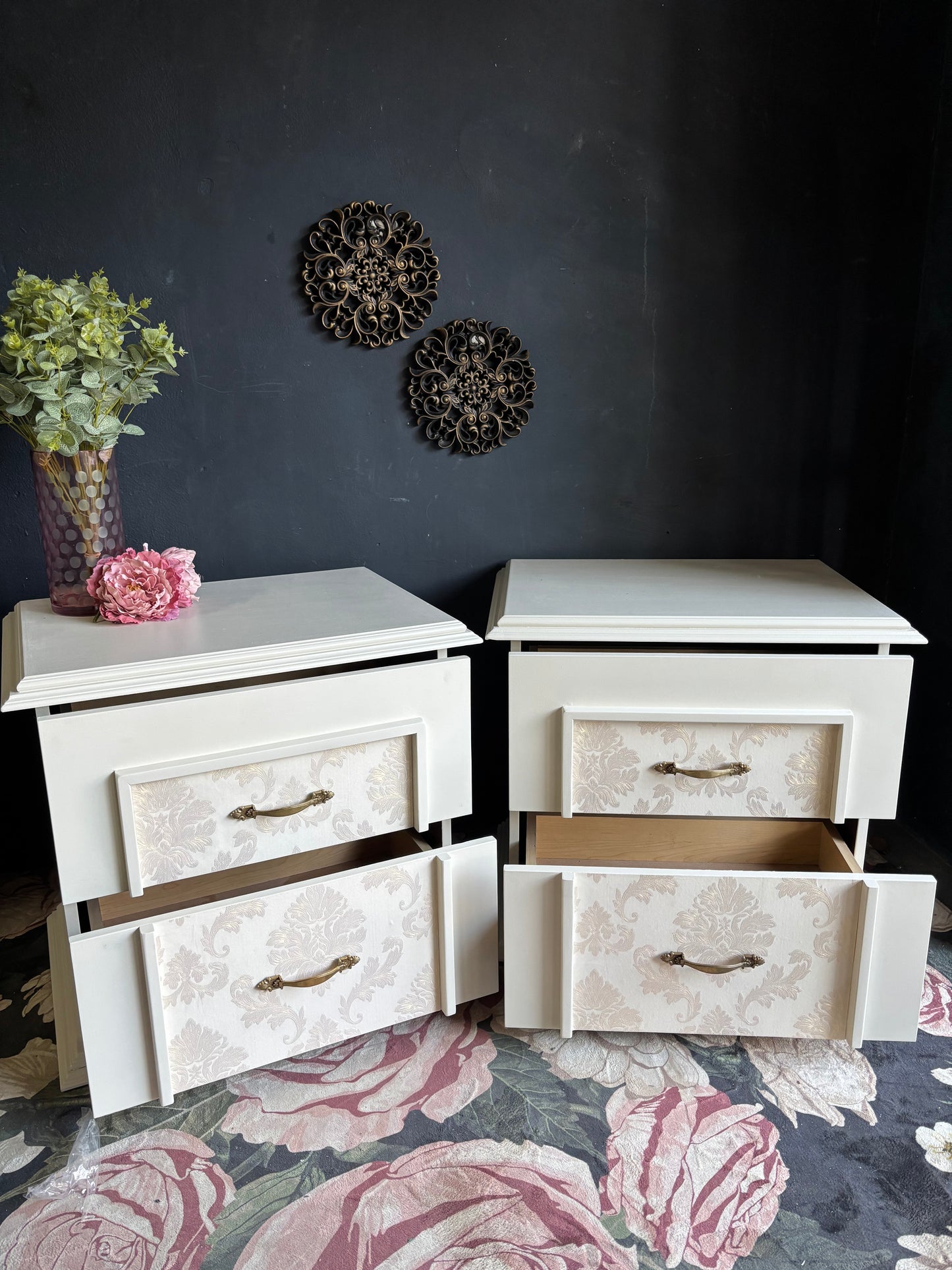 Elegant Oversized Cream Damask Nightstands (Set of 2)