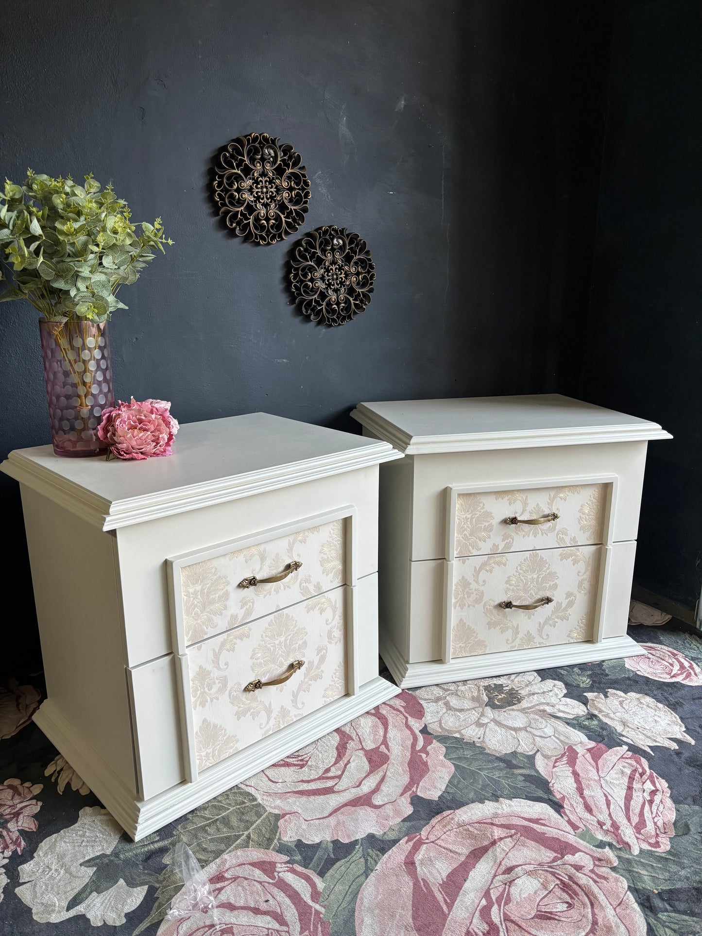 Elegant Oversized Cream Damask Nightstands (Set of 2)