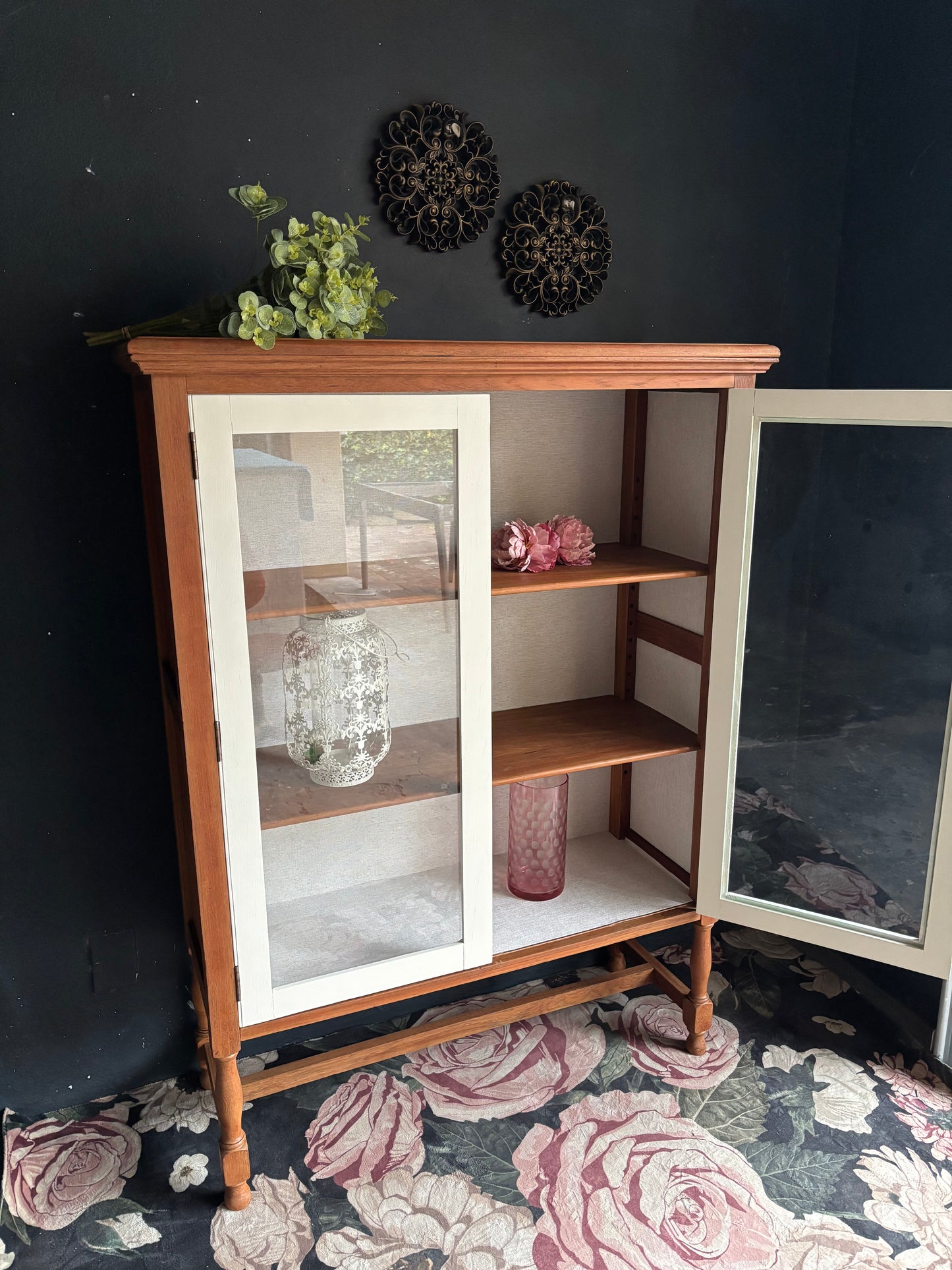 Vintage Teak & Linen Display Cabinet