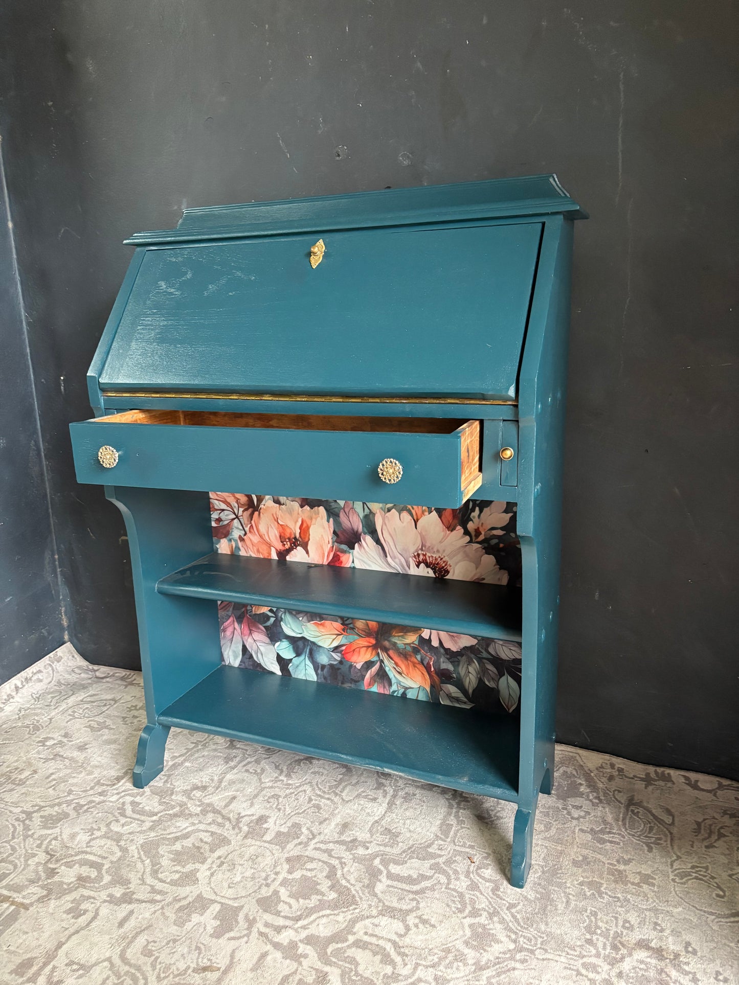 Teal Drop Front Writing Bureau