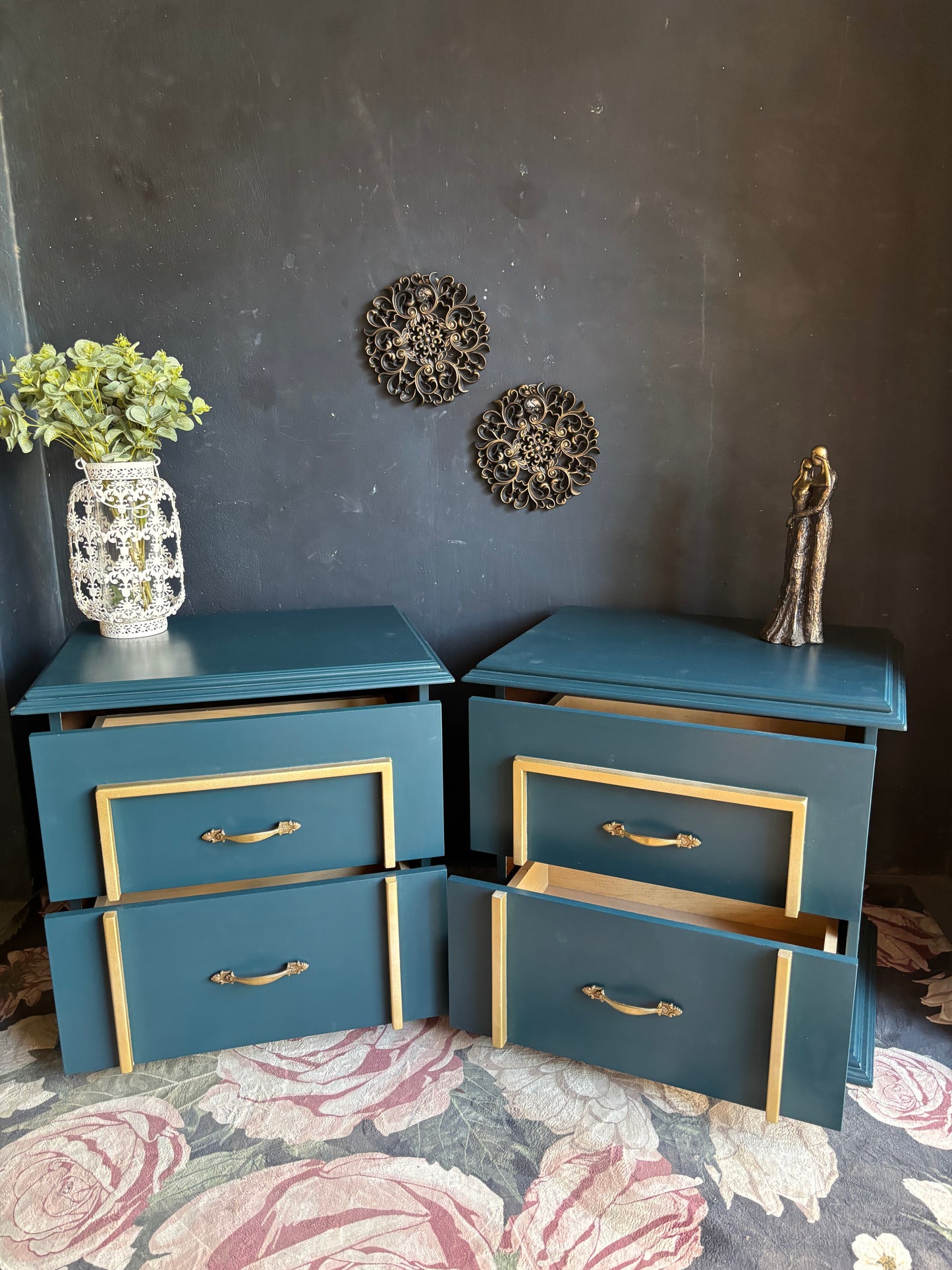 Teal & Gold Accent Bedside Tables (Set of 2)