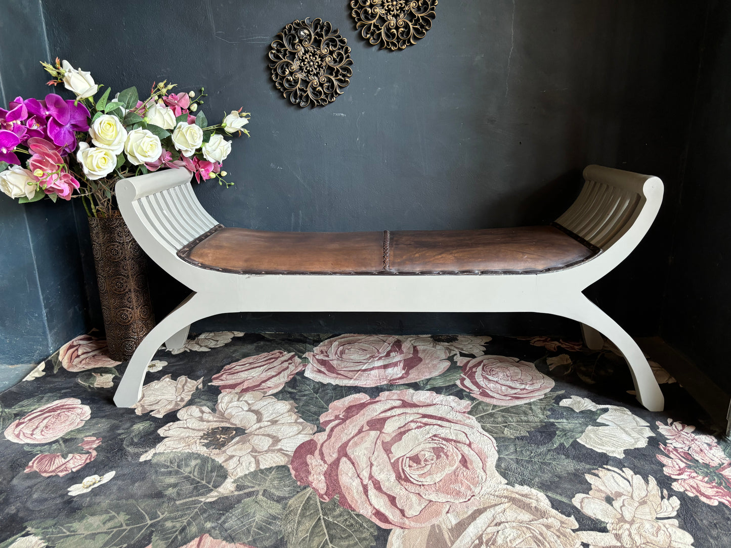 Curved Wooden Bench with Leather Seat
