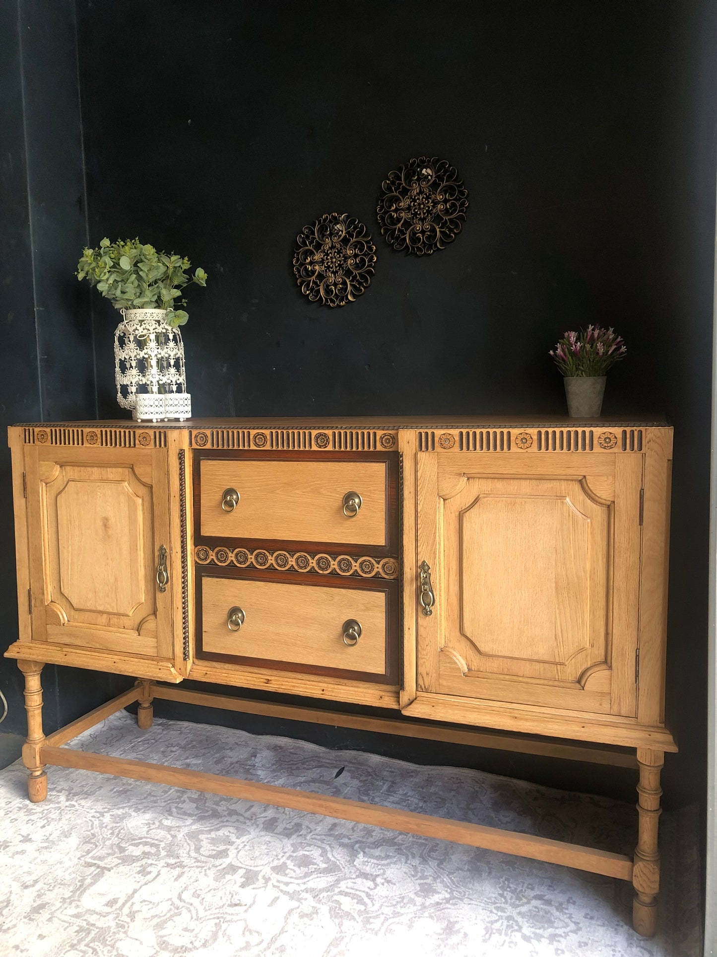 Solid Oak Vintage Sideboard with Carved Detail