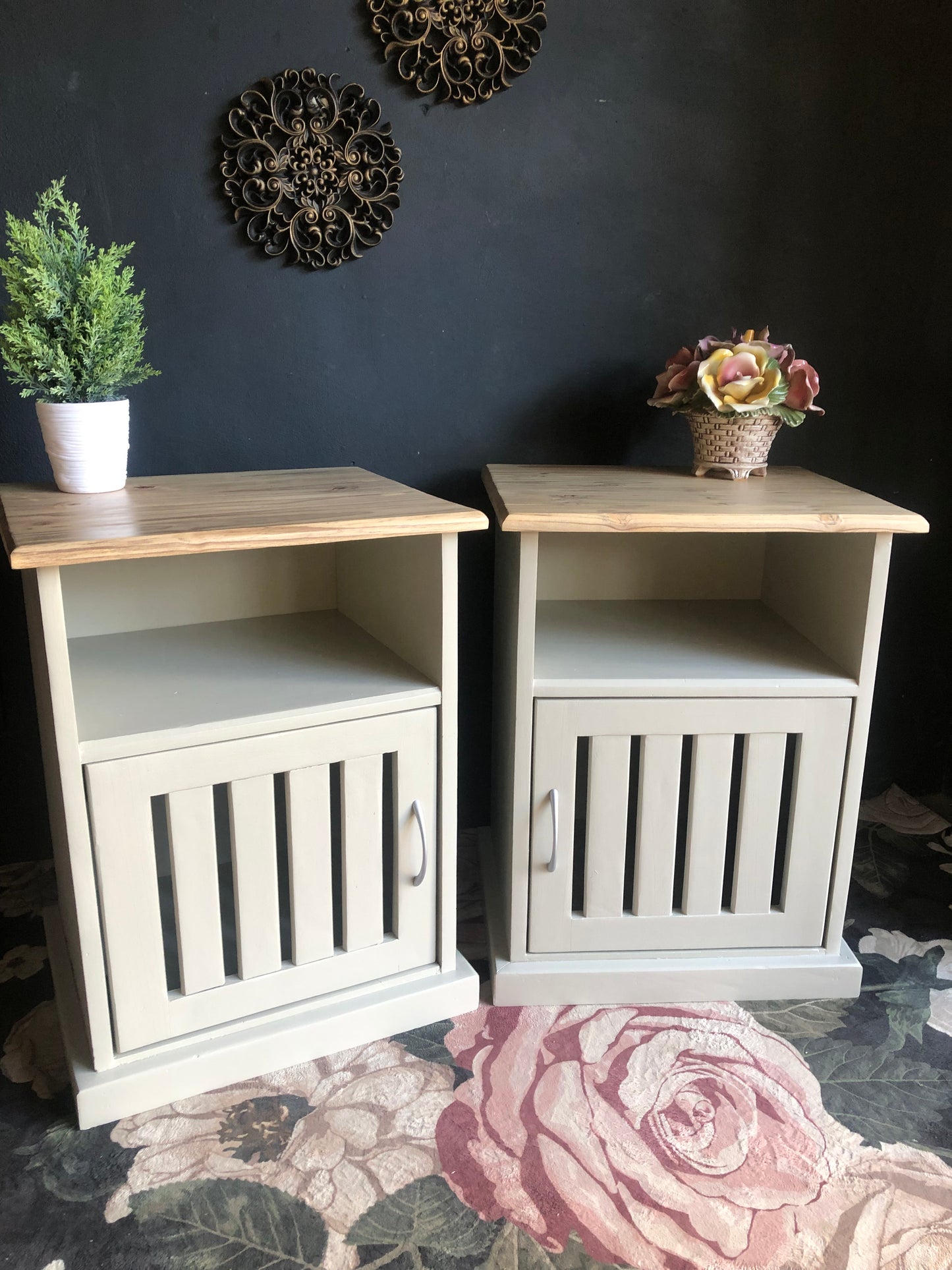 Pair of Bedside Tables with Slatted Door Design